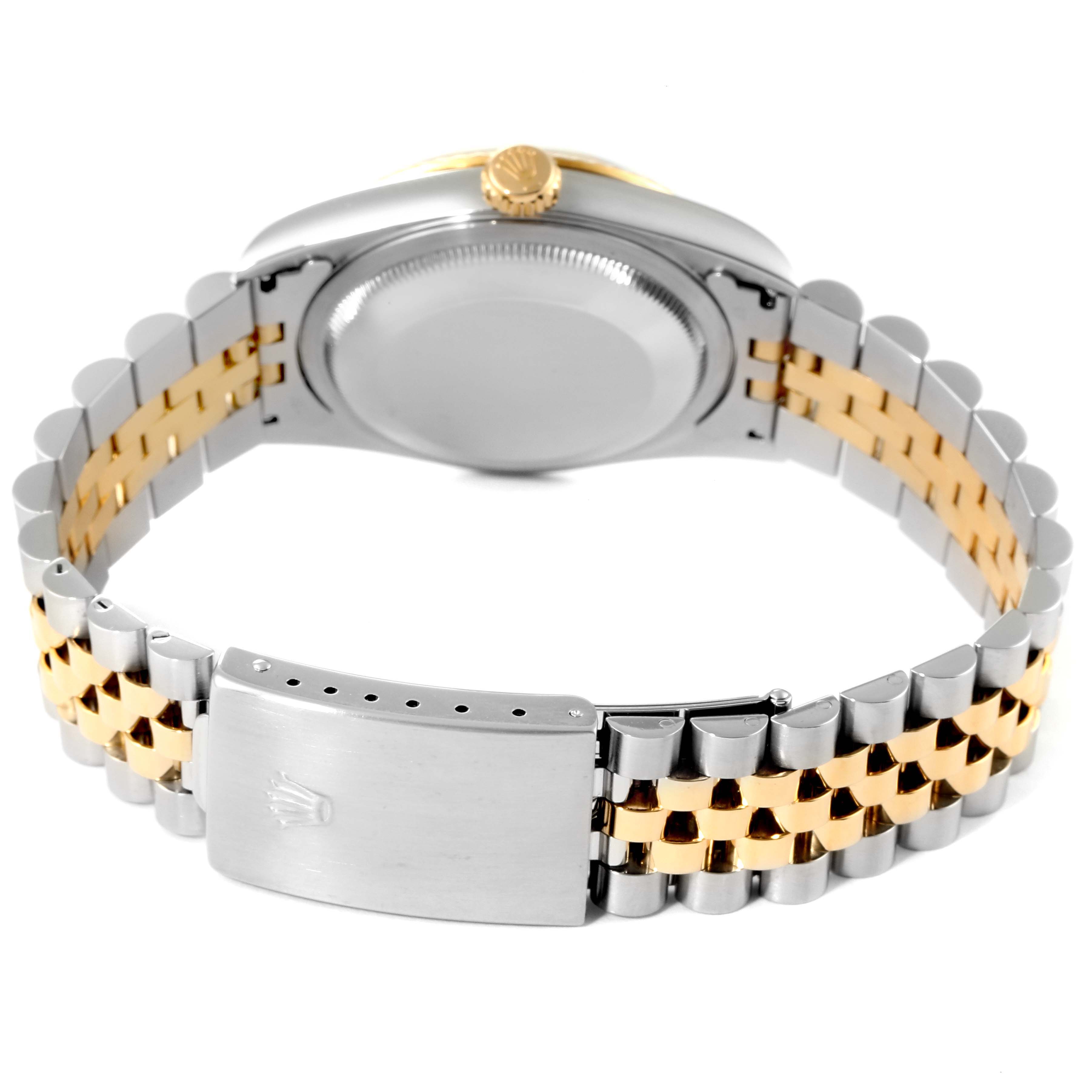 This image shows the back and bracelet of a Rolex Datejust 16233 Men's Steel and Gold (two tone) White Dial 16233 Men's Steel and Gold (two tone) White Dial, highlighting the clasp and bi-metal links.