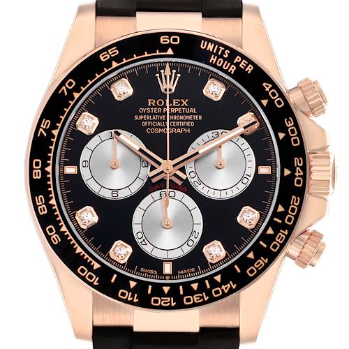 The Rolex Daytona 126515 Men's Rose Gold Black Dial watch is shown from the front, highlighting the bezel, dial, subdials, and crown.