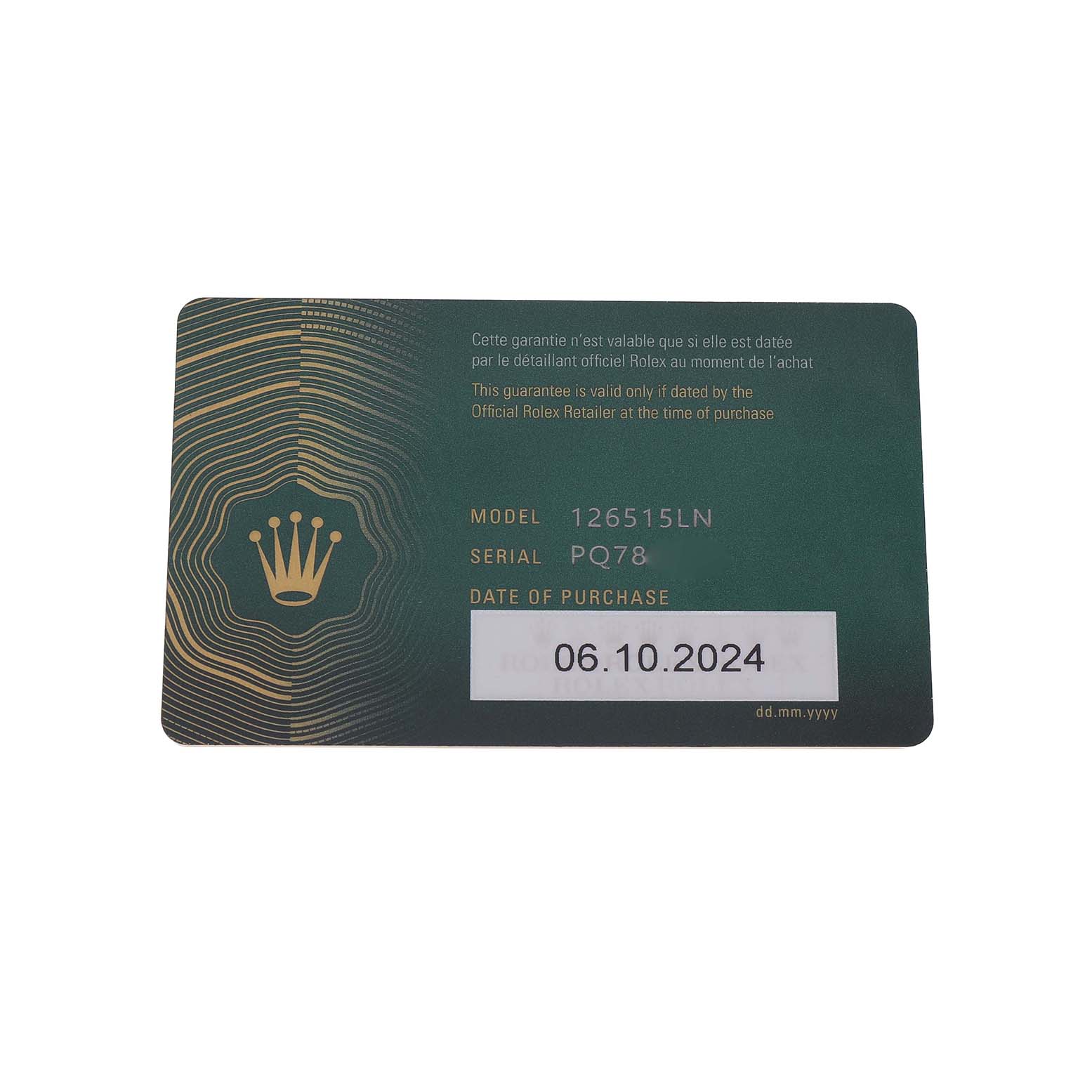 The image shows a warranty card for the Rolex Daytona 126515 Men's Rose Gold Black Dial model, displaying model and serial numbers.