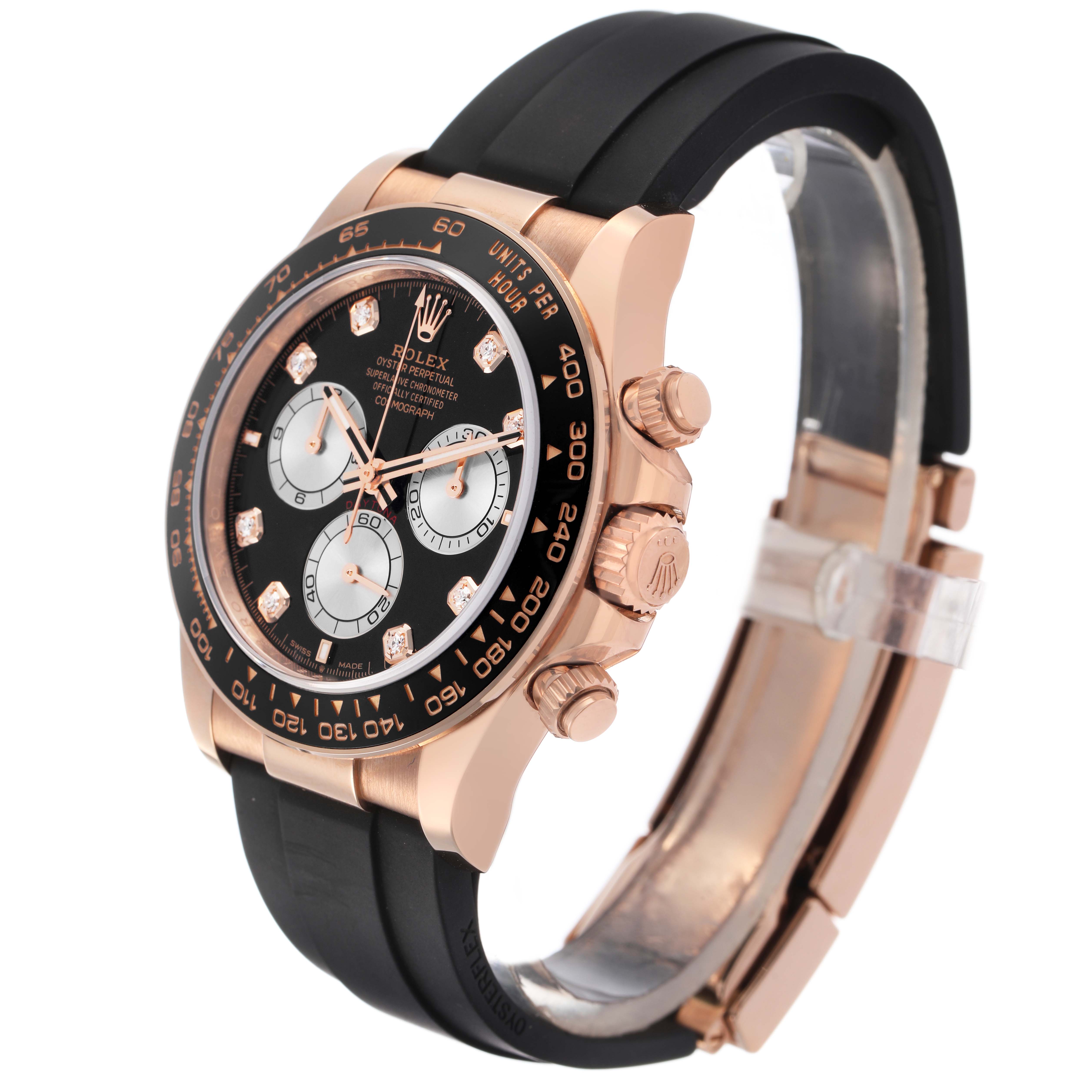 The Rolex Daytona 126515 Men's Rose Gold Black Dial watch is shown at a three-quarter angle, highlighting the face, bezel, crown, and strap.