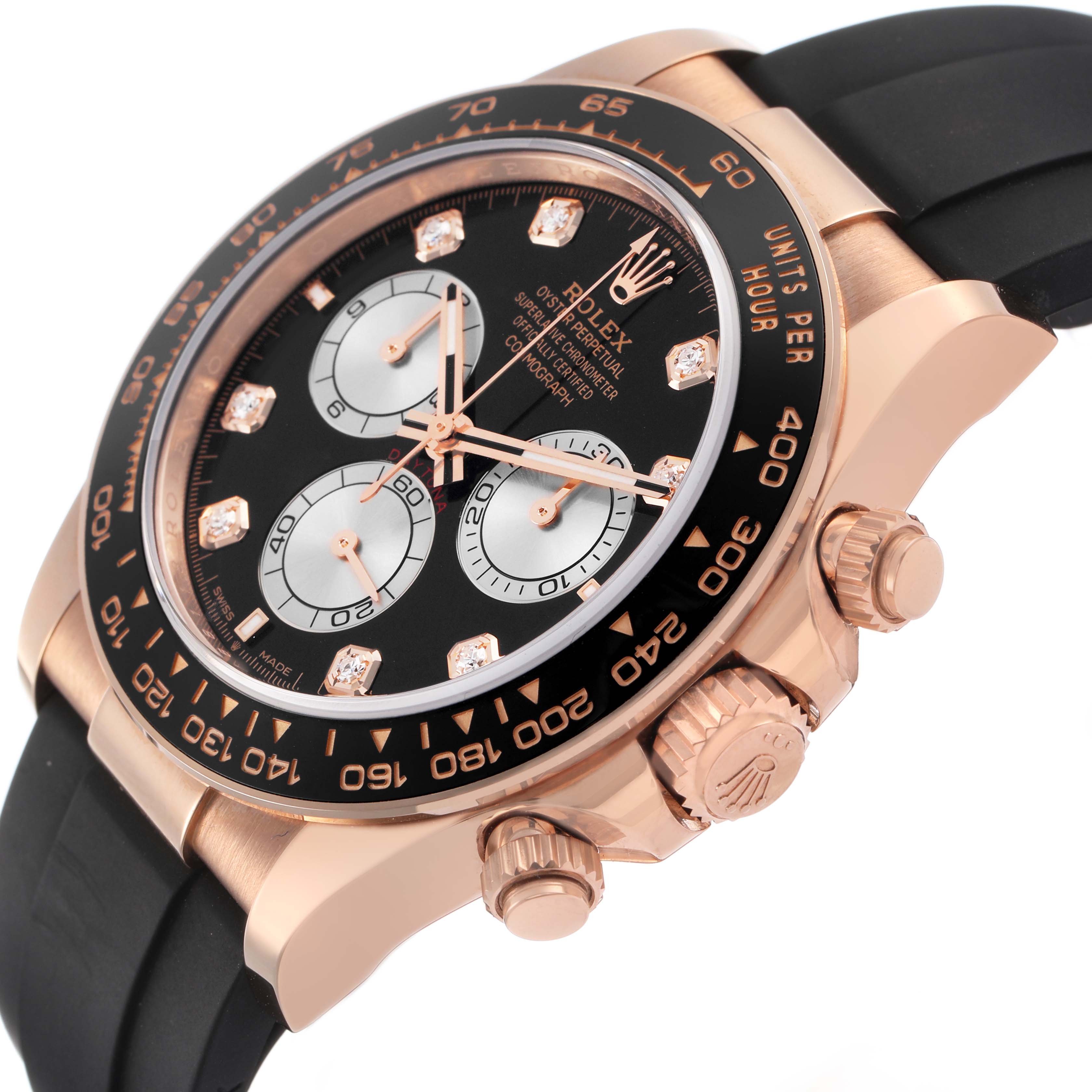 The Rolex Daytona 126515 Men's Rose Gold Black Dial watch is shown at an angled close-up featuring the bezel, crown, and pushers.