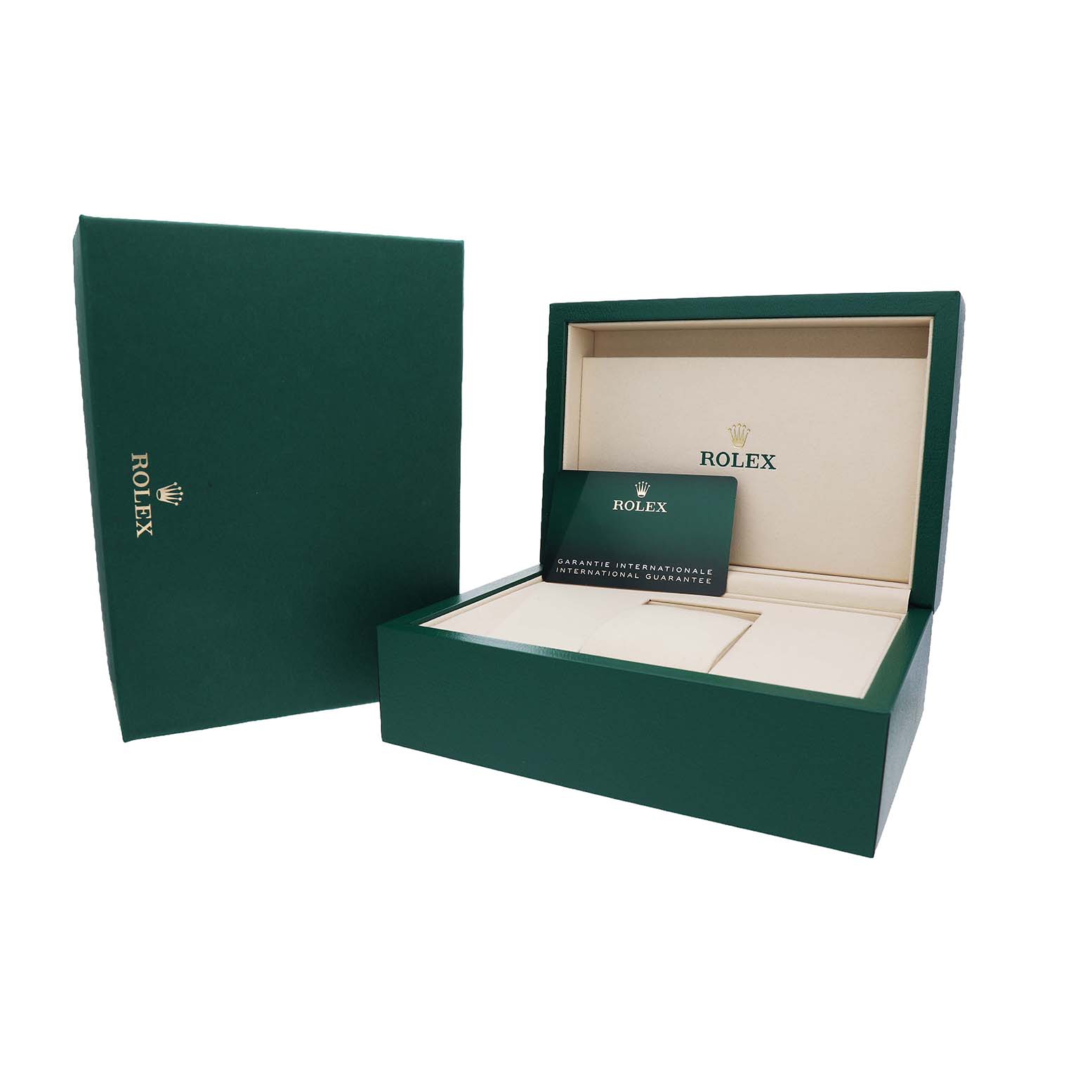 The image shows the open green boxes and international guarantee card for a Rolex Daytona 126515 Men's Rose Gold Black Dial watch.