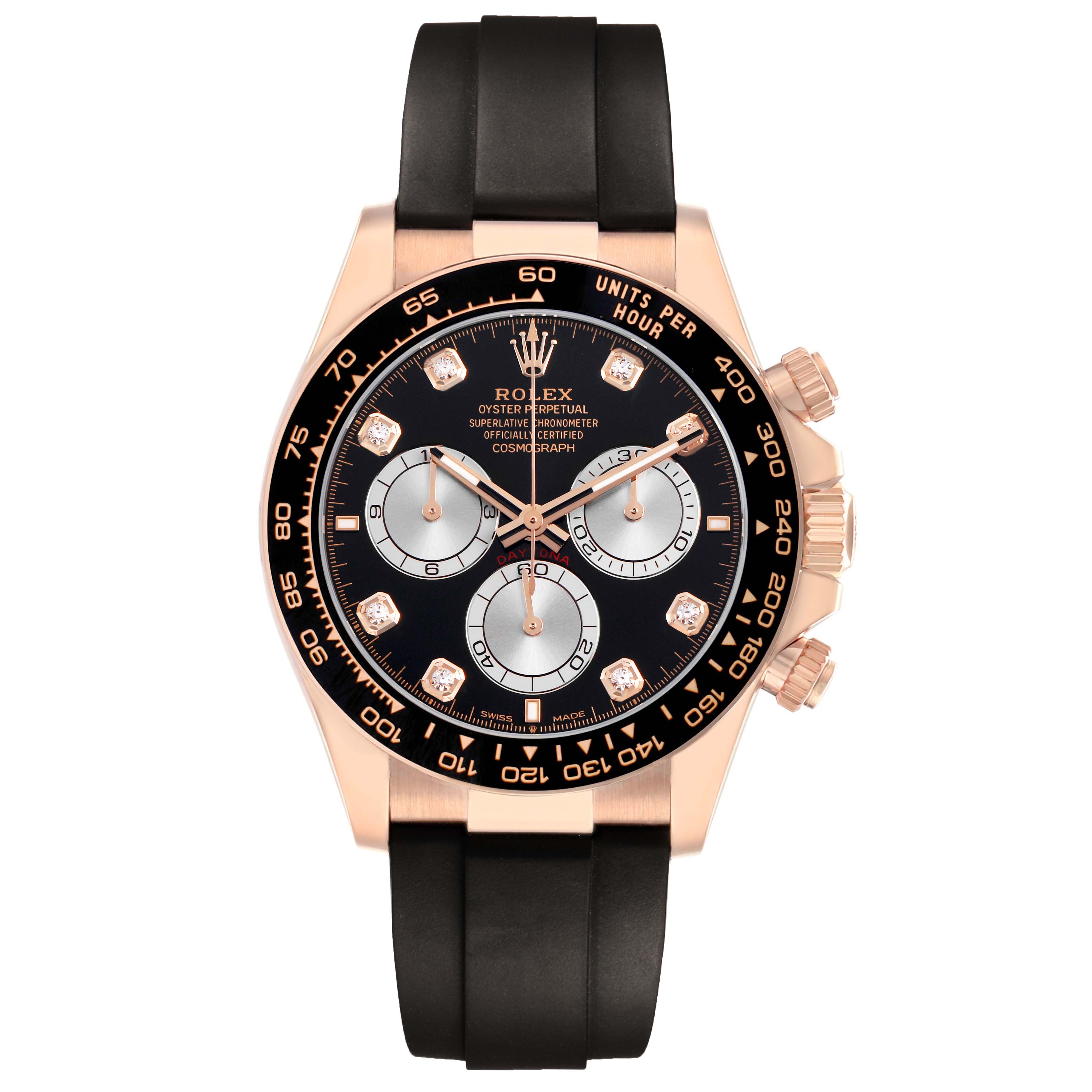 The image shows a frontal view of the Rolex Daytona 126515 Men's Rose Gold Black Dial watch, highlighting the dial, bezel, and strap.