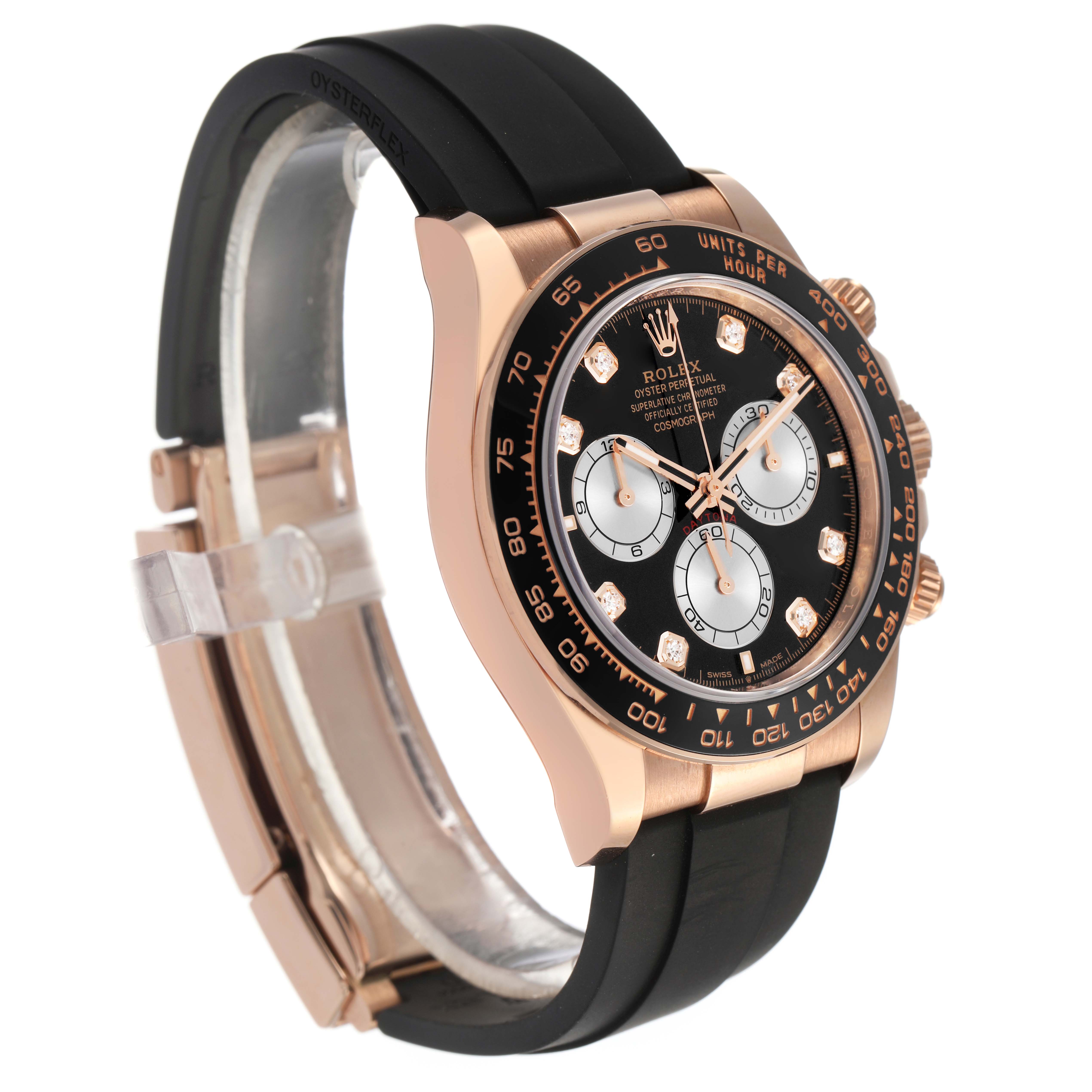 The Rolex Daytona 126515 Men's Rose Gold Black Dial watch is shown at a three-quarter angle, displaying the face, bezel, and part of the strap.
