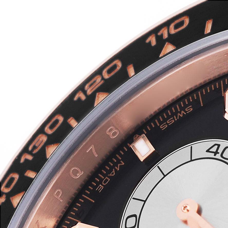 The image shows a close-up of the bezel and part of the dial of a Rolex Daytona 126515 Men's Rose Gold Black Dial watch, highlighting the tachymetric scale.