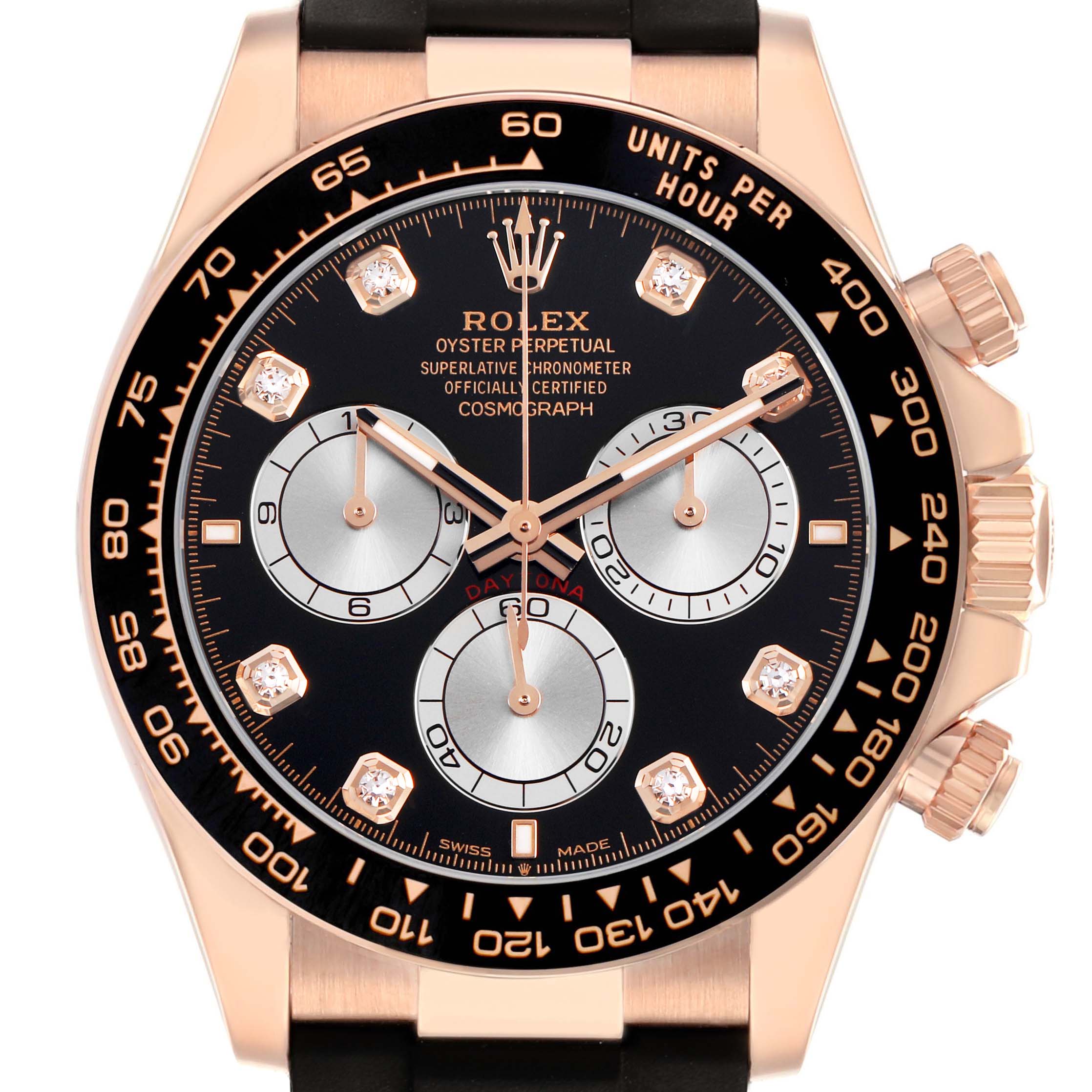 The watch, a Rolex Daytona 126515 Men's Rose Gold Black Dial, is shown from the front, highlighting its dial, subdials, bezel, and crown.