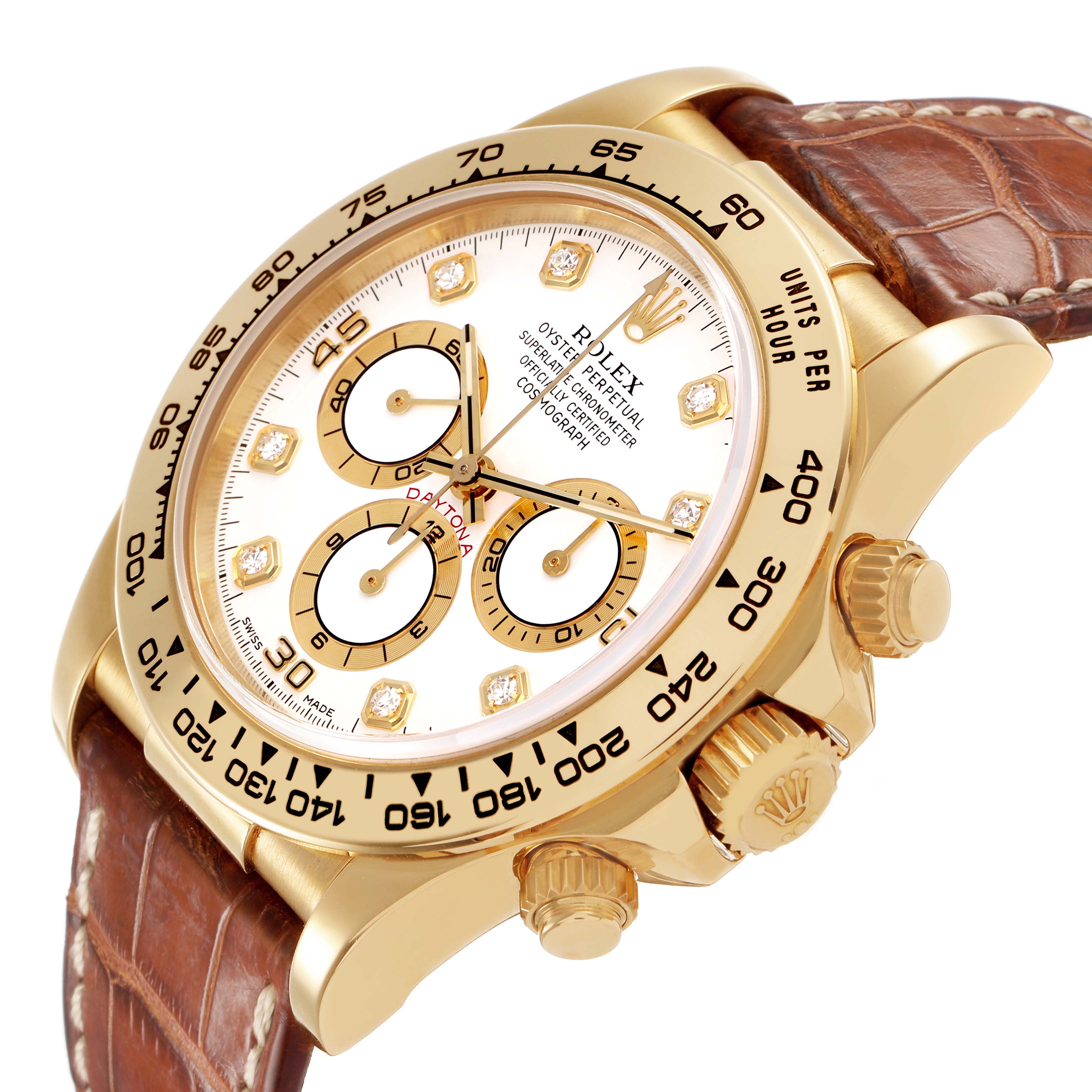 The Rolex Daytona 16518 Men's Yellow Gold White Dial watch is shown from an angled perspective, highlighting the bezel, leather strap, and chronograph sub-dials.