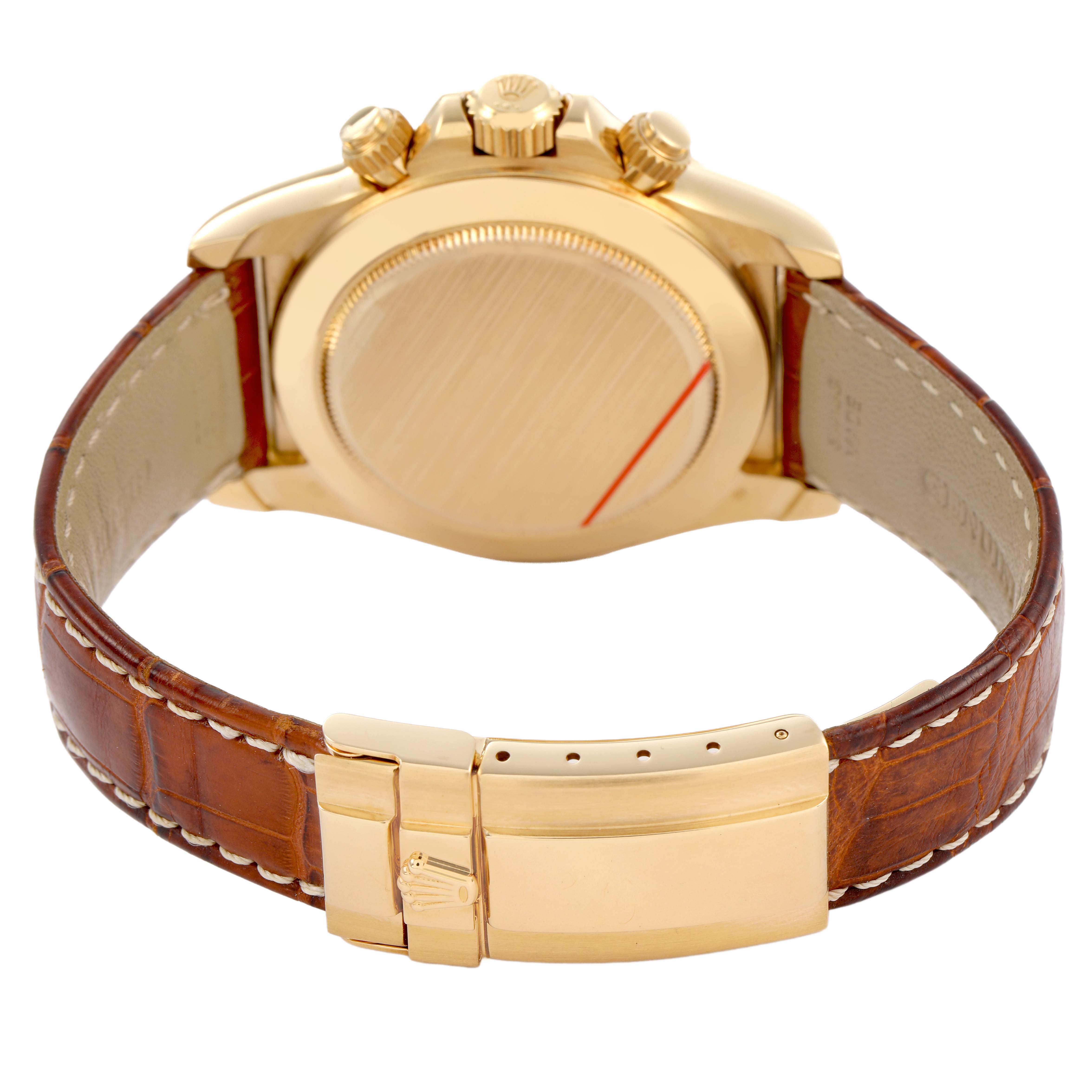 The image shows the back of the Rolex Daytona 16518 Men's Yellow Gold White Dial watch, highlighting the case back, crown, pushers, and leather strap with clasp.