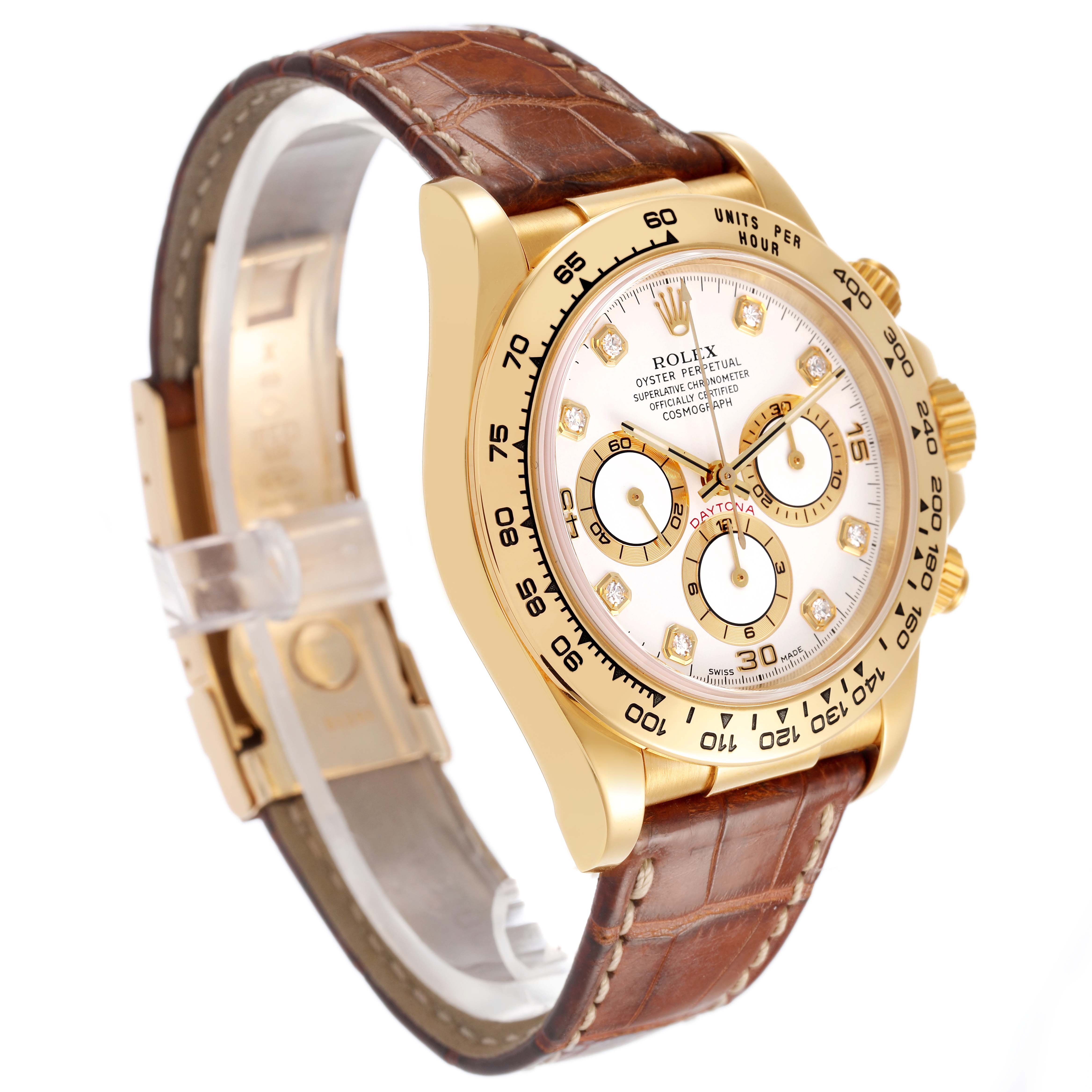 The Rolex Daytona 16518 Men's Yellow Gold White Dial watch is shown at a tilted angle, displaying the dial, bezel, side buttons, and leather strap.