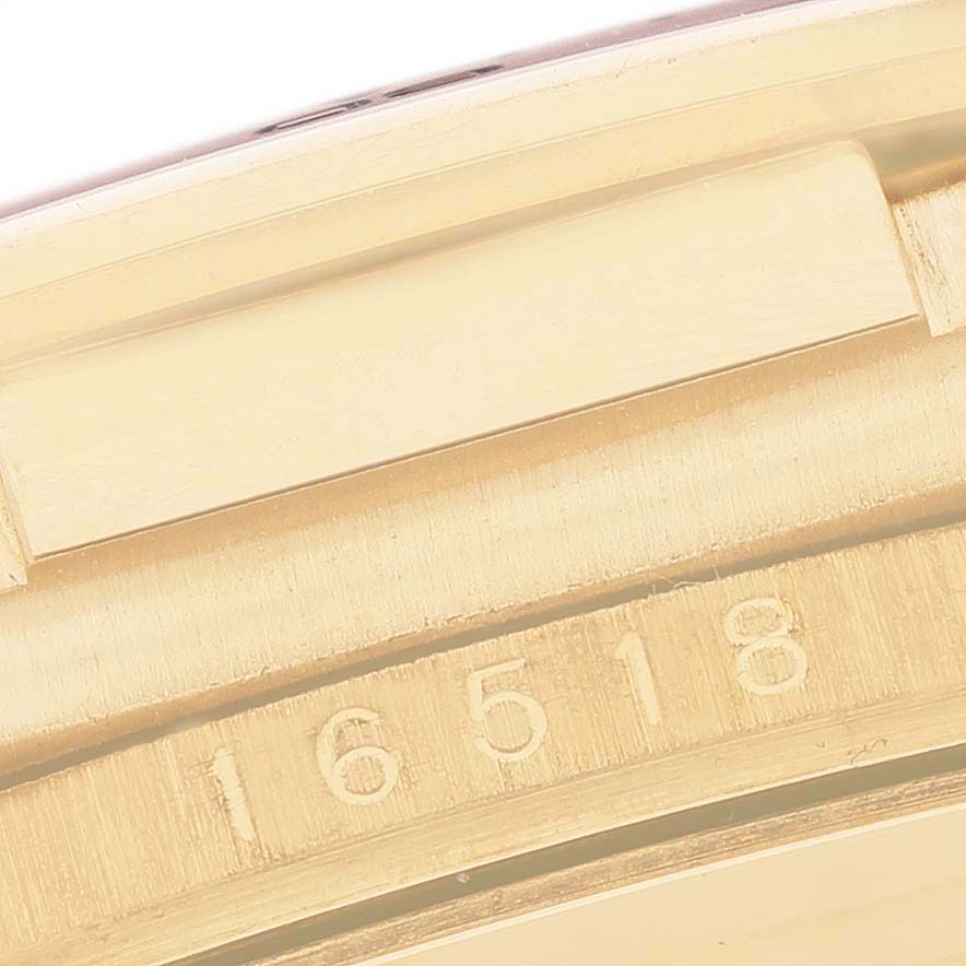 The image shows a side view of a Rolex Daytona 16518 Men's Yellow Gold White Dial model, focusing on the case edge with the model number 16518.