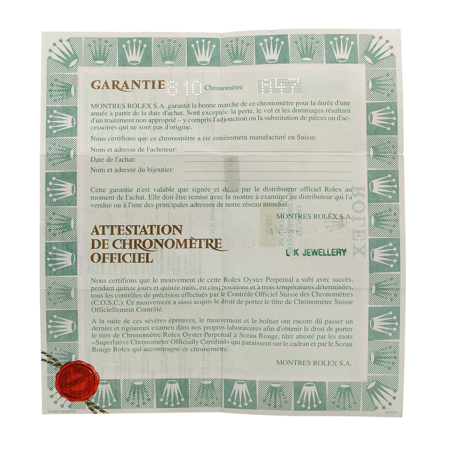 The image shows a Rolex guarantee certificate for the Daytona model, including warranty details and official chronometer certification.