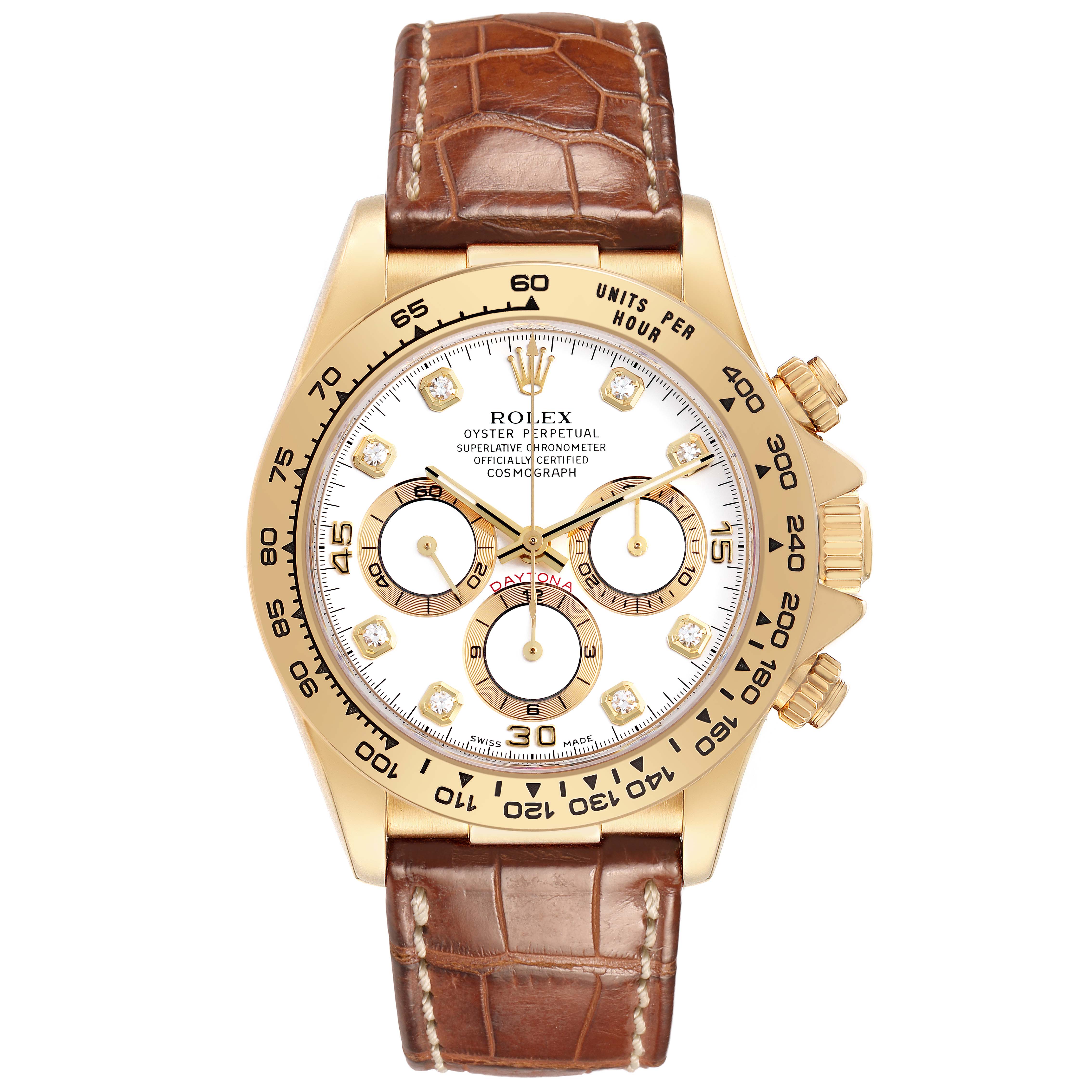 The Rolex Daytona 16518 Men's Yellow Gold White Dial watch is shown in a frontal view, highlighting the dial, bezel, pushers, and leather strap.