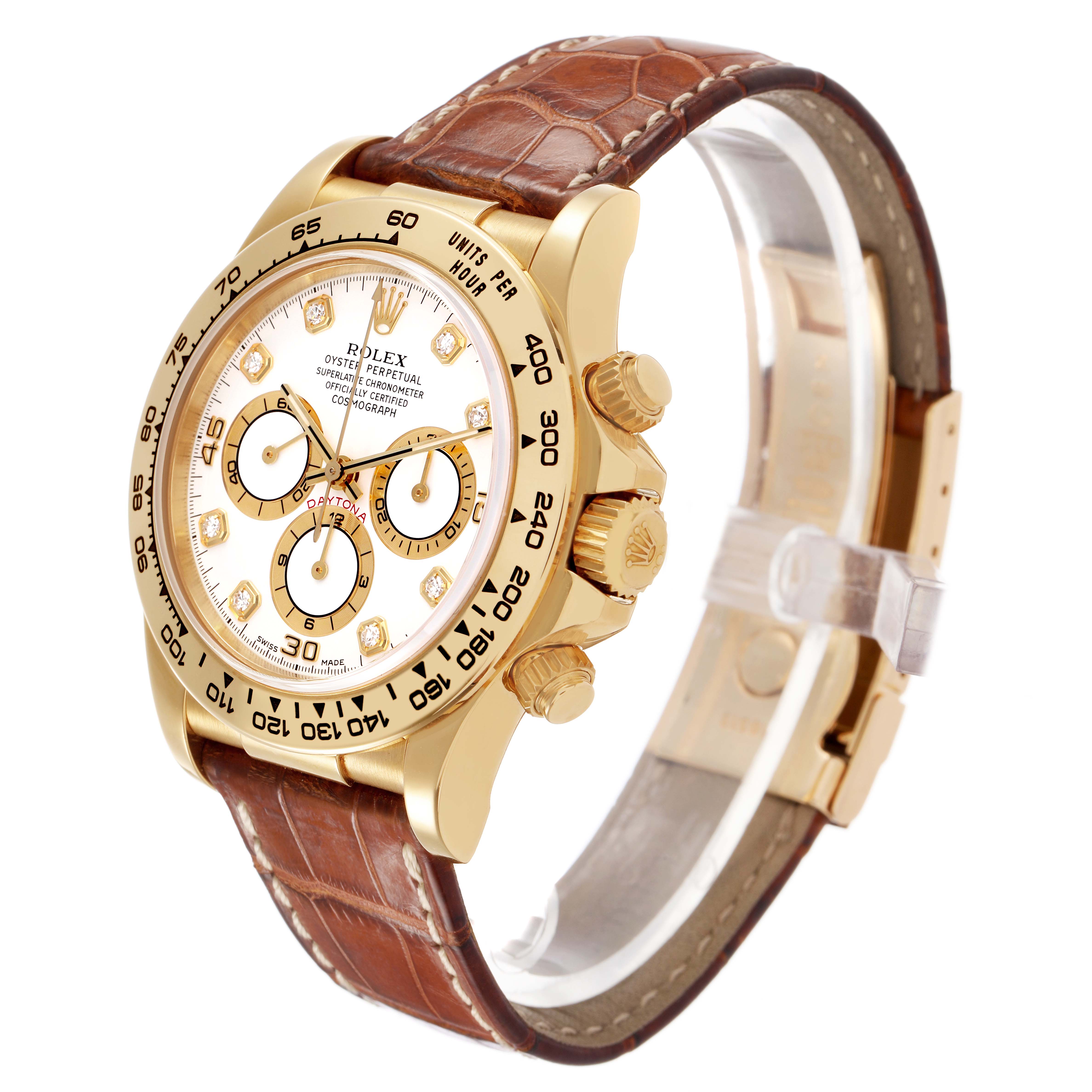 The Rolex Daytona 16518 Men's Yellow Gold White Dial watch is shown at a three-quarter angle, highlighting the dial, bezel, crown, and leather strap.