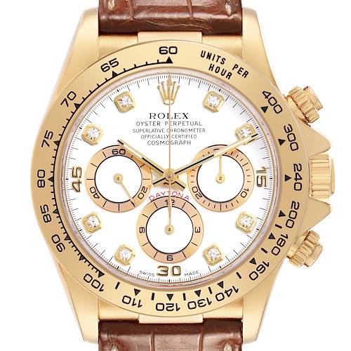 The Rolex Daytona 16518 Men's Yellow Gold White Dial watch is shown from the front, highlighting the dial, bezel, subdials, and brown leather strap.