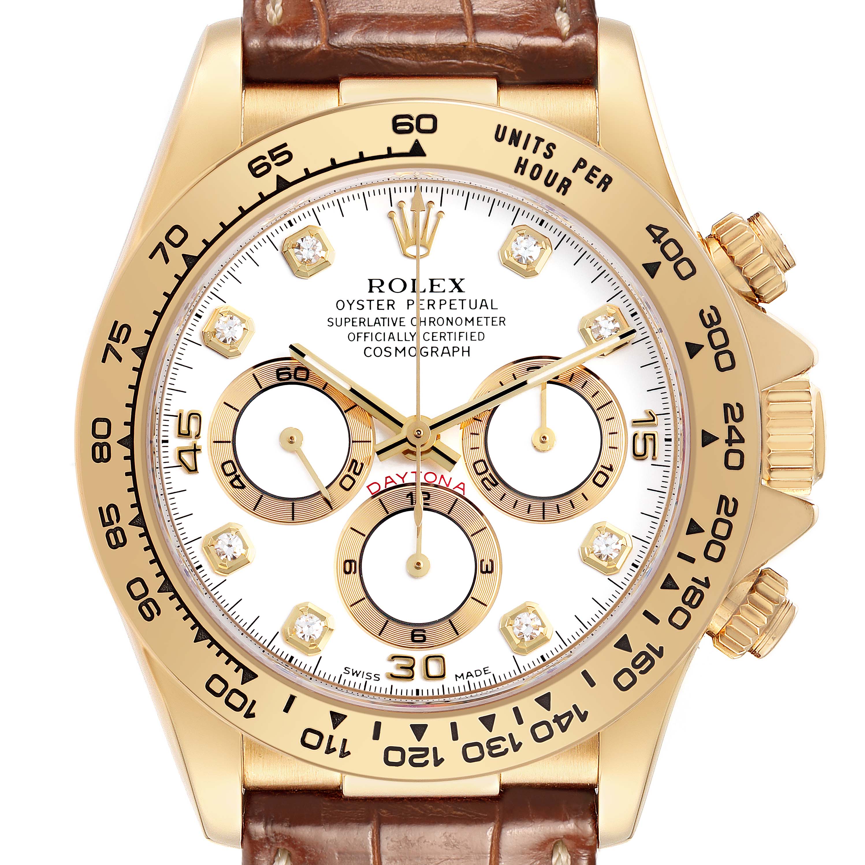 The Rolex Daytona 16518 Men's Yellow Gold White Dial watch is shown from a front angle, highlighting the dial, bezel, crown, and leather strap.