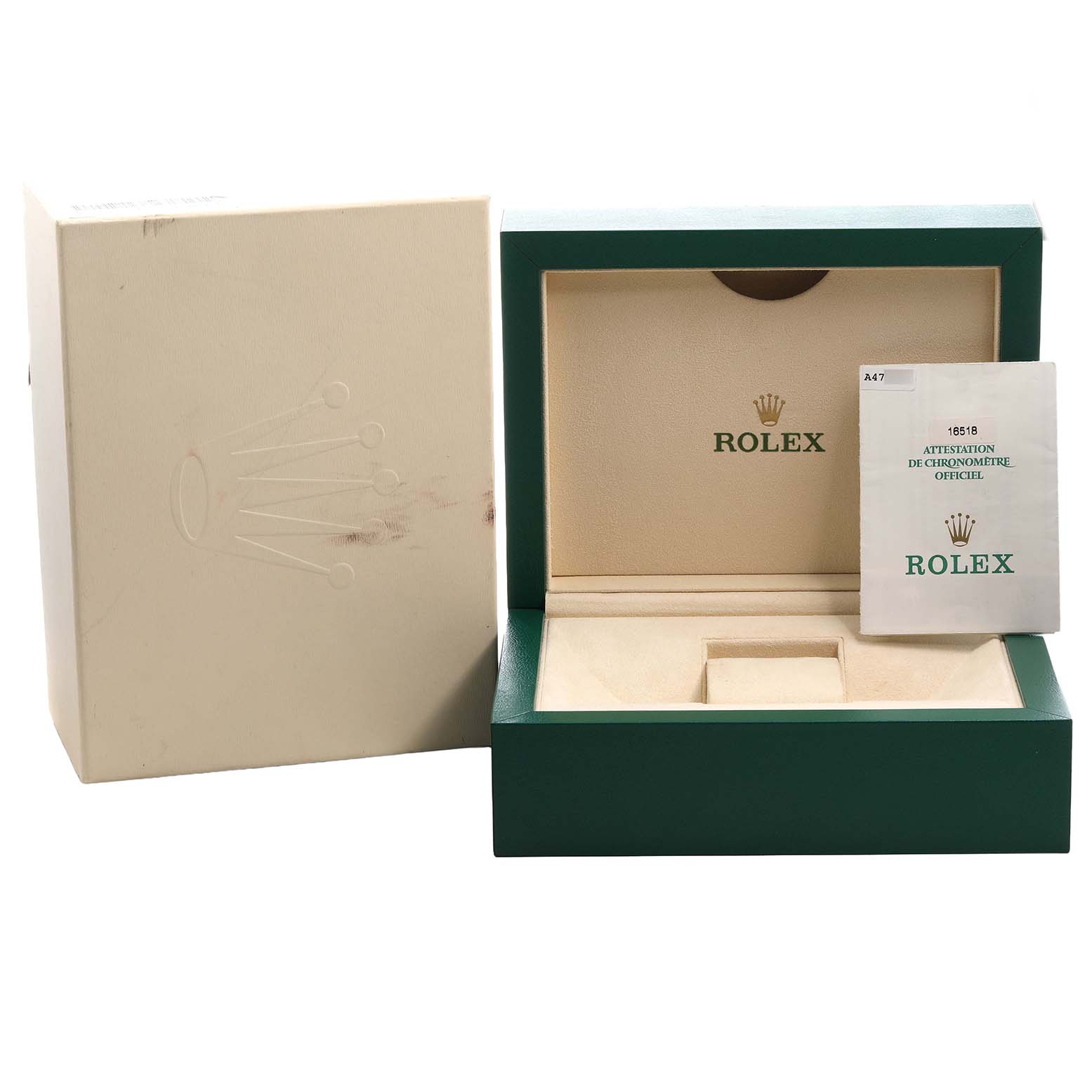 The image shows an open Rolex Daytona 16518 Men's Yellow Gold White Dial watch box and an instruction booklet, viewed from the front.