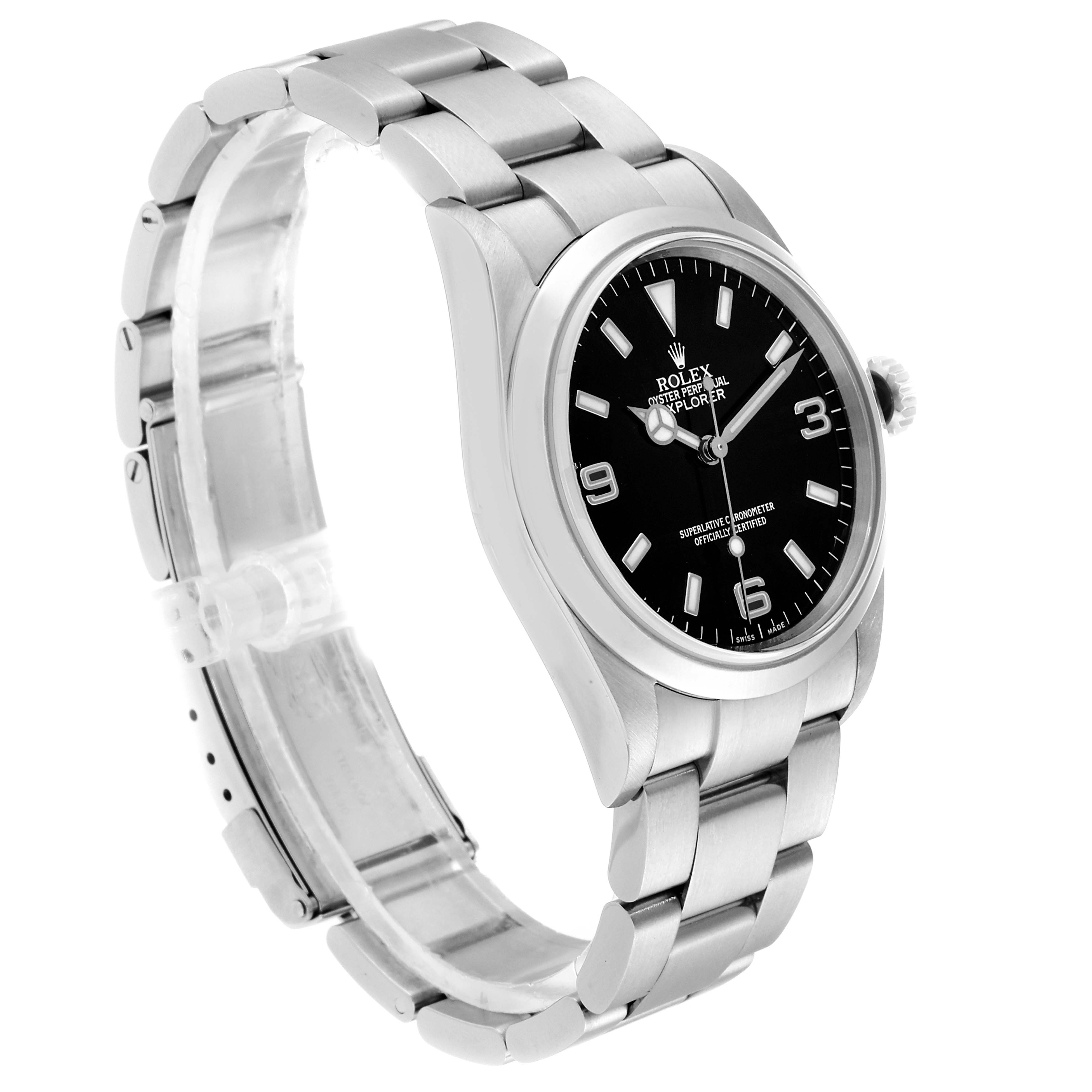 The Rolex Explorer 114270 Men
s Stainless Steel Black Dial 114270 Men
s Stainless Steel Black Dial watch is shown from a front-left angle, displaying the face, bezel, crown, and bracelet.