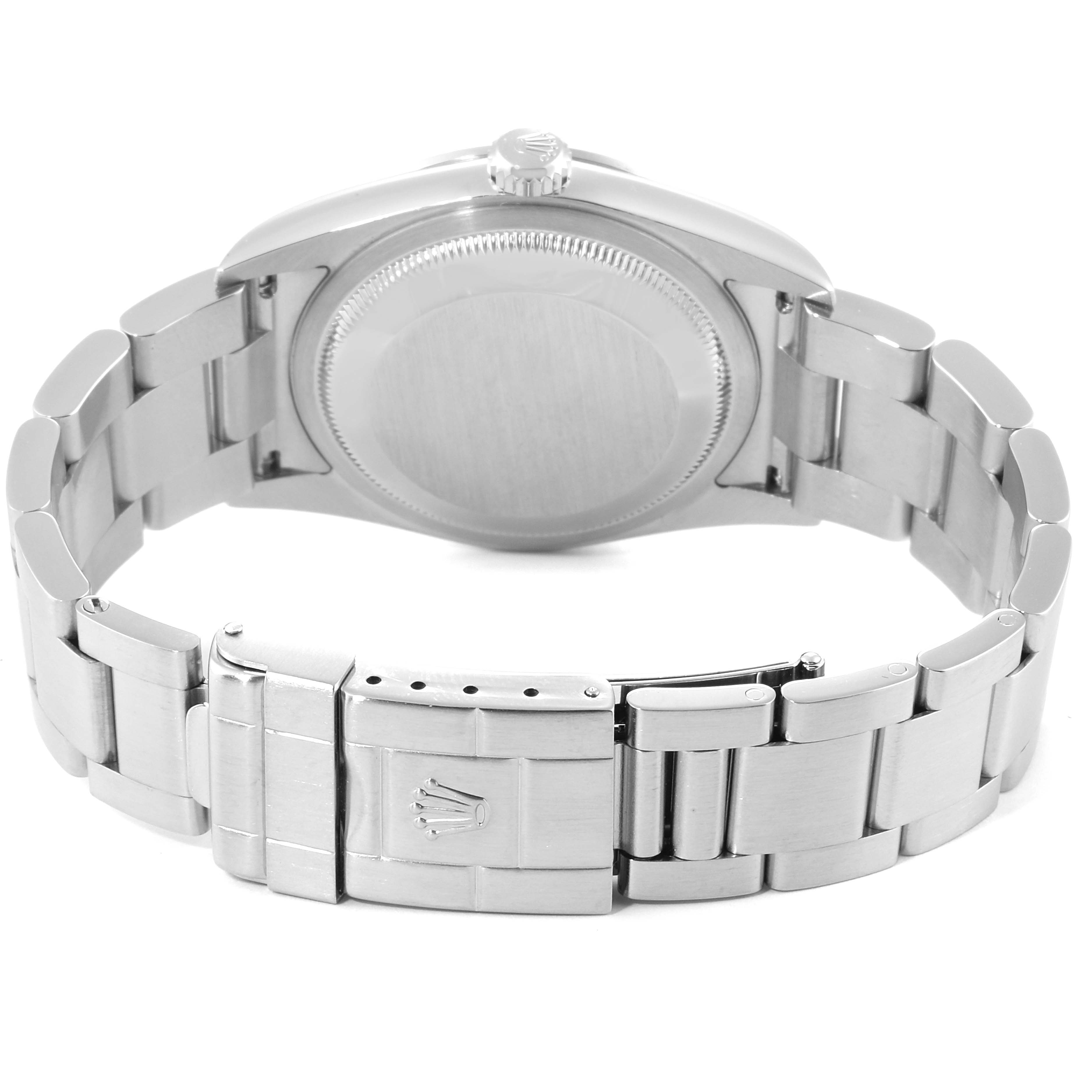 The back view of the Rolex Explorer 114270 Men
s Stainless Steel Black Dial 114270 Men
s Stainless Steel Black Dial watch displays its bracelet, clasp, and case back in stainless steel.