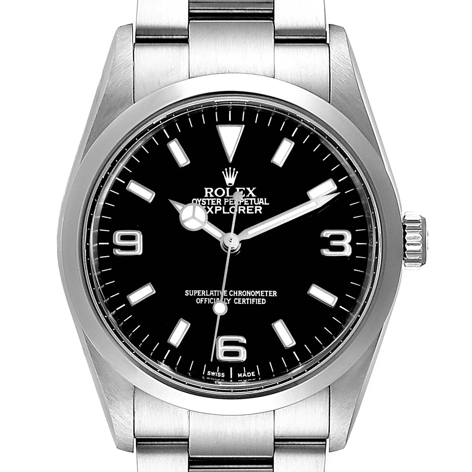 The Rolex Explorer 114270 Men
s Stainless Steel Black Dial 114270 Men
s Stainless Steel Black Dial watch is shown from a front-facing angle, displaying its black dial, stainless steel case, and bracelet.