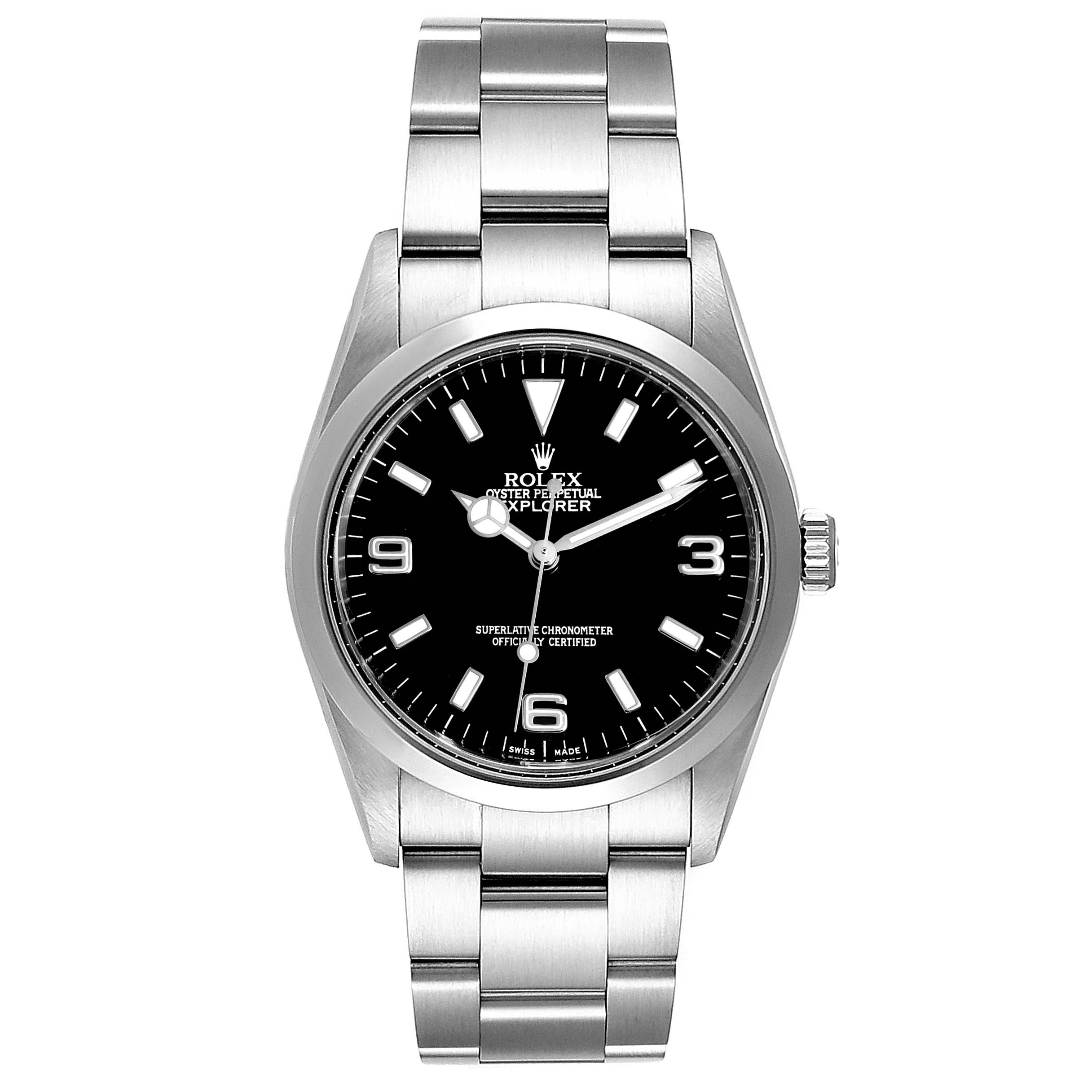 The image shows a front view of a Rolex Explorer 114270 Men
s Stainless Steel Black Dial 114270 Men
s Stainless Steel Black Dial model watch, displaying its face, bezel, and bracelet.