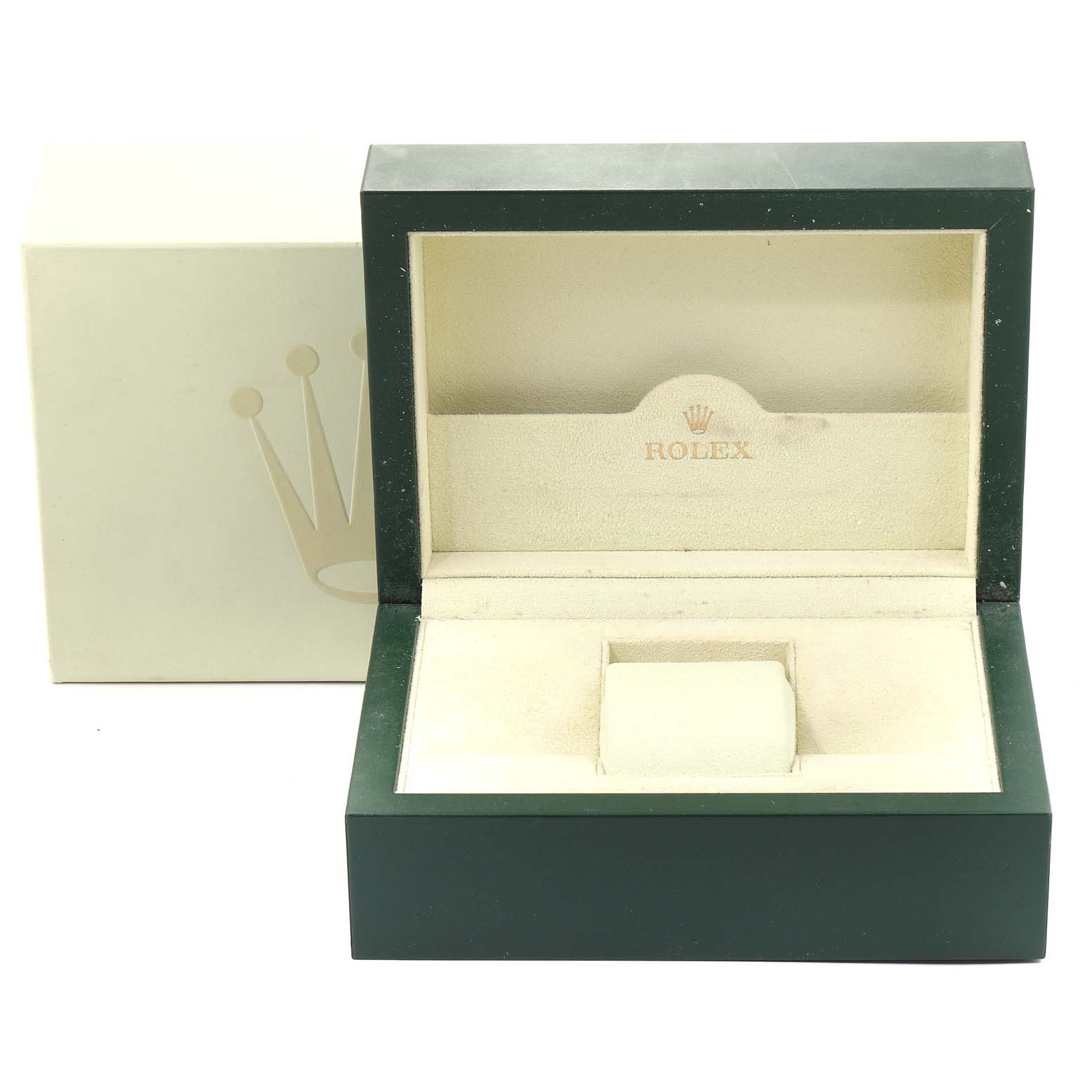 The image shows the external and internal parts of an empty Rolex watch box for the Explorer model.