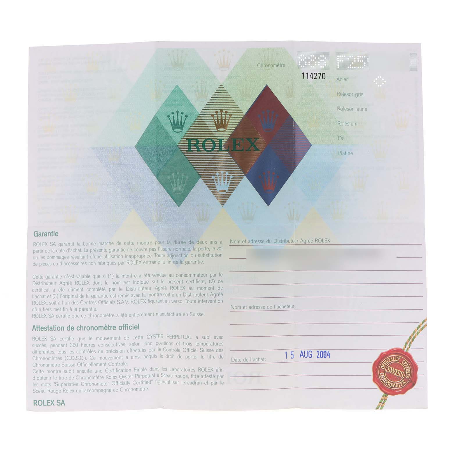 The image shows a warranty certificate for a Rolex Explorer 114270 Men's Stainless Steel Black Dial 114270 Men's Stainless Steel Black Dial with details and branding.