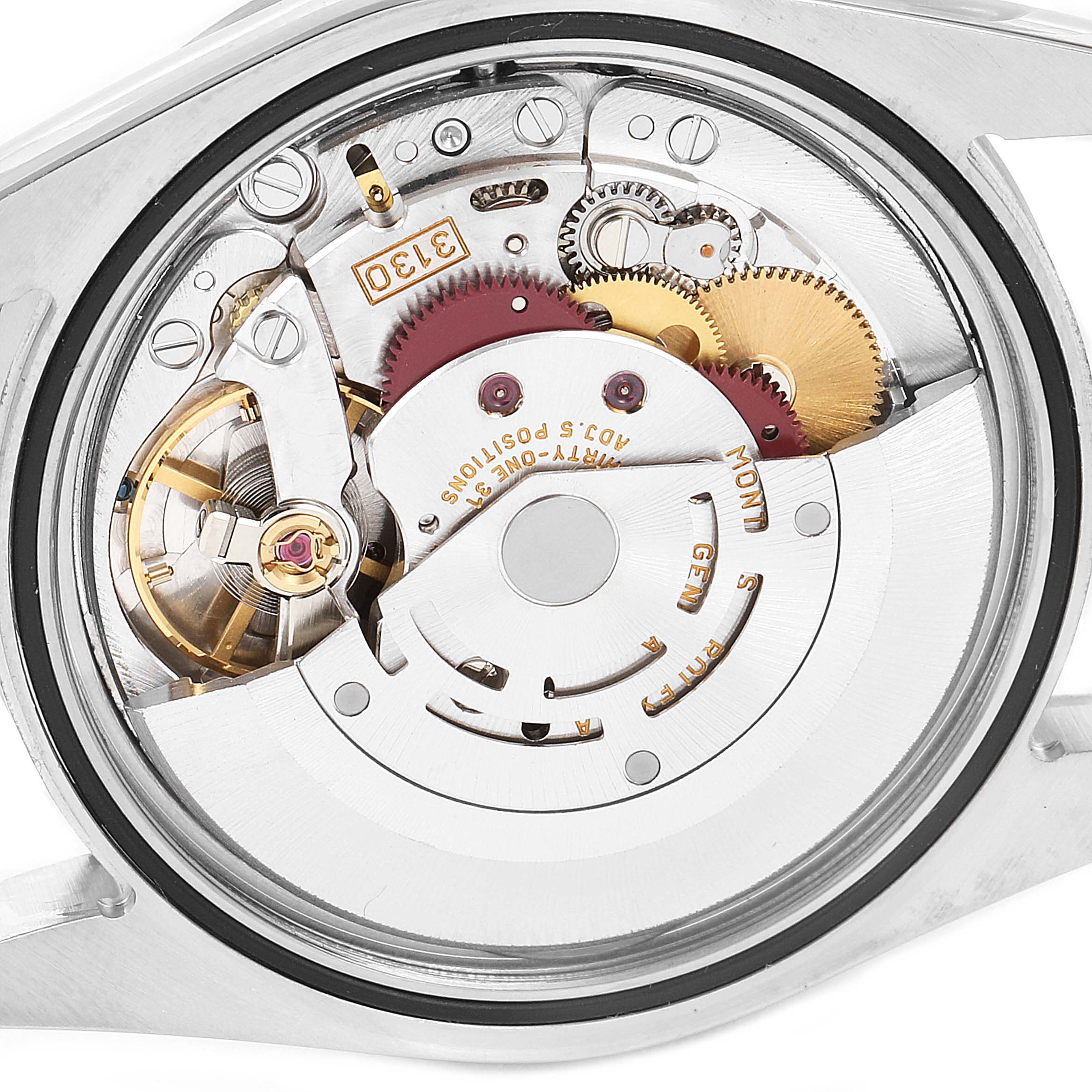 The image shows the internal mechanism of a Rolex Explorer 114270 Men's Stainless Steel Black Dial 114270 Men's Stainless Steel Black Dial model viewed from the back.