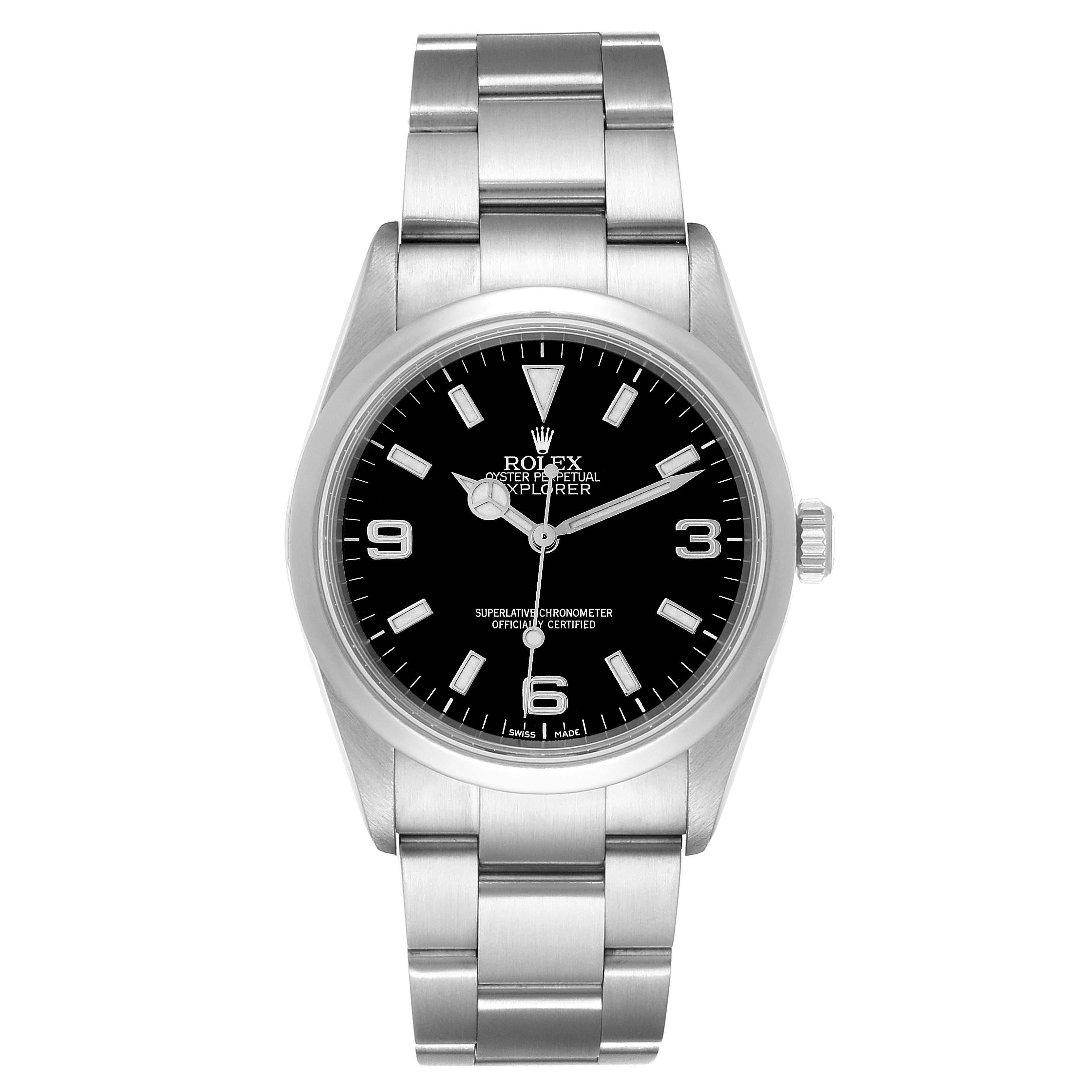 This image shows a front view of a Rolex Explorer 114270 Men's Stainless Steel Black Dial 114270 Men's Stainless Steel Black Dial watch, showcasing its black dial, indices, hands, and stainless steel bracelet.