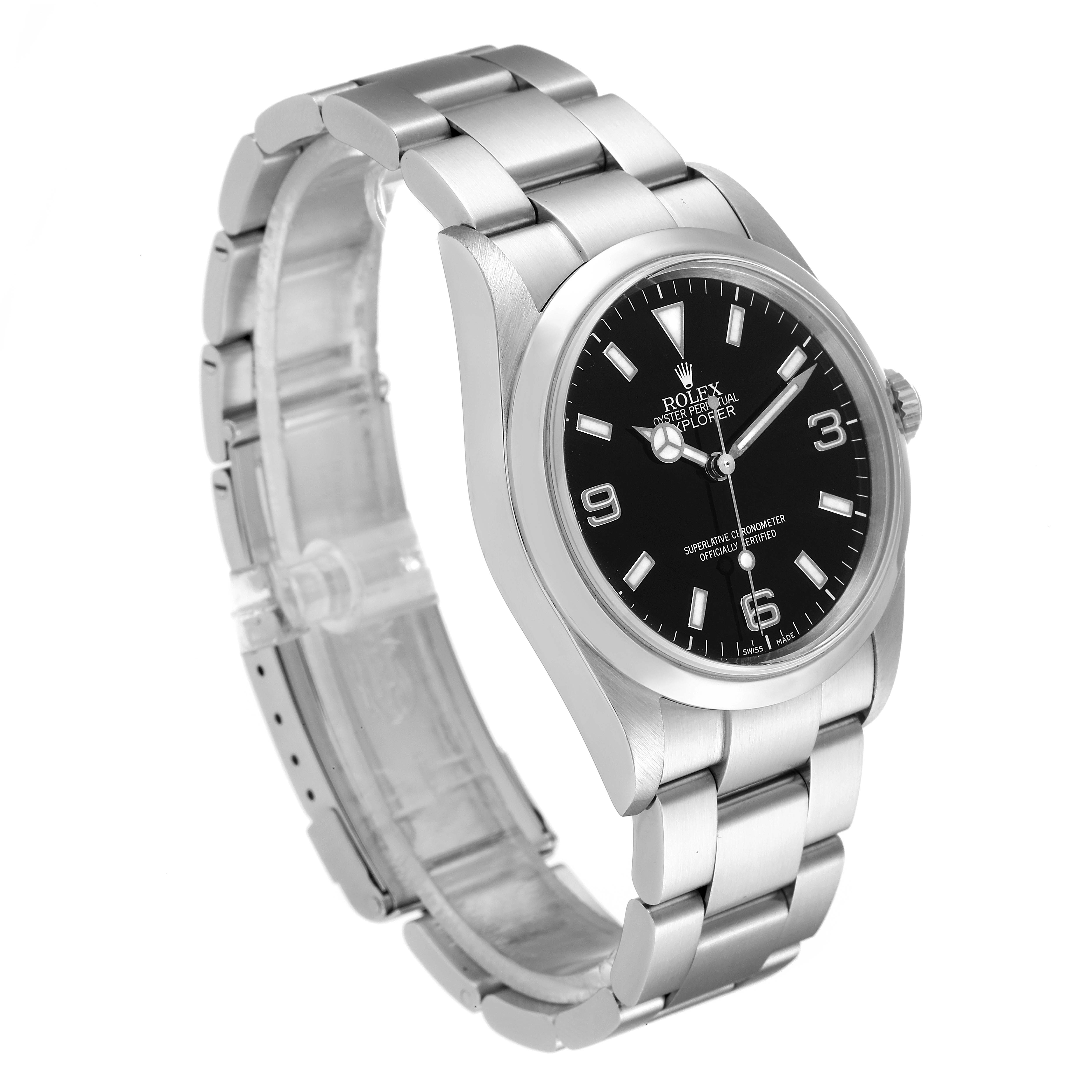 The image shows a Rolex Explorer 114270 Men's Stainless Steel Black Dial 114270 Men's Stainless Steel Black Dial watch at an angle, highlighting its face, bracelet, case, and crown.