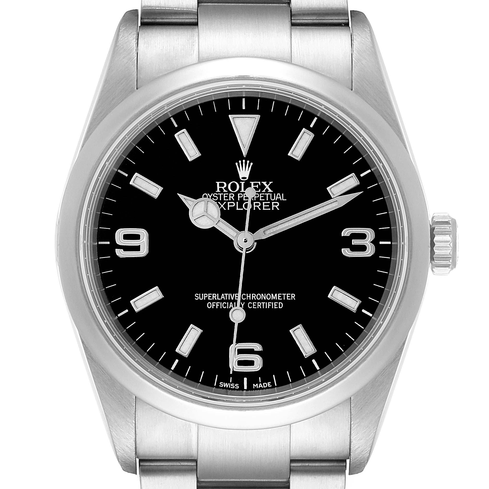 The Rolex Explorer 114270 Men's Stainless Steel Black Dial 114270 Men's Stainless Steel Black Dial watch is shown from a top-down angle, capturing its face, bezel, crown, and part of the bracelet.