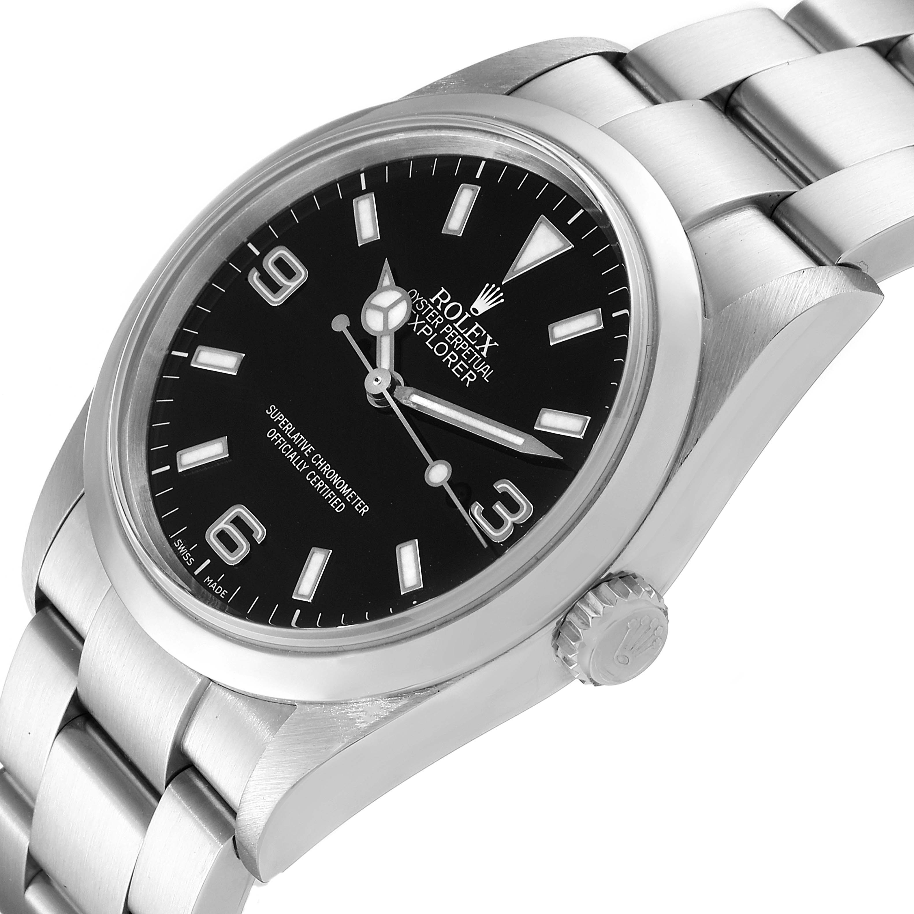 The image shows a close-up angle of the Rolex Explorer 114270 Men's Stainless Steel Black Dial 114270 Men's Stainless Steel Black Dial watch, displaying the face, bezel, crown, and part of the bracelet.