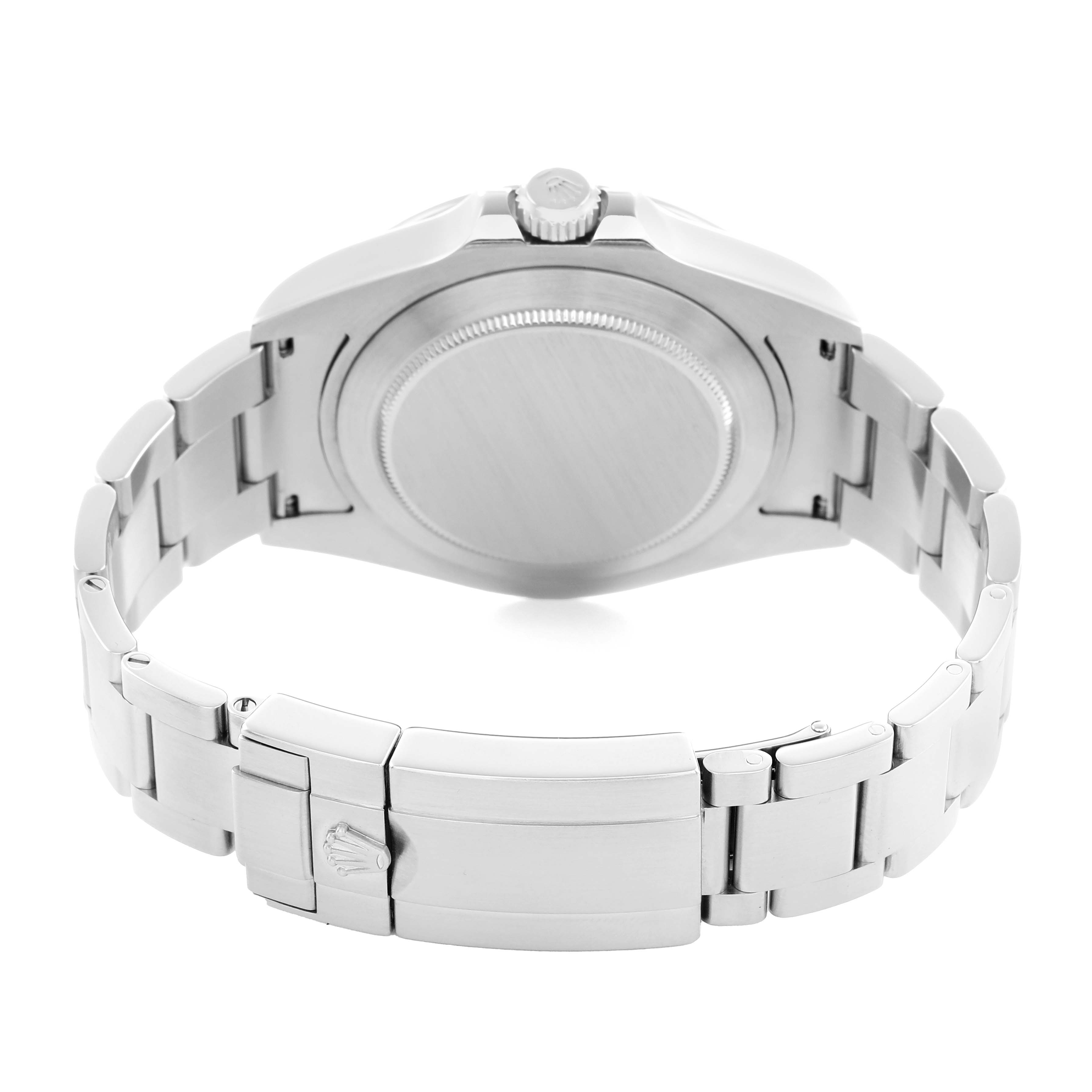 The image shows the back of a Rolex Explorer 216570 Men
s Stainless Steel Black Dial watch, highlighting the case back, bracelet, and clasp from a rear angle.