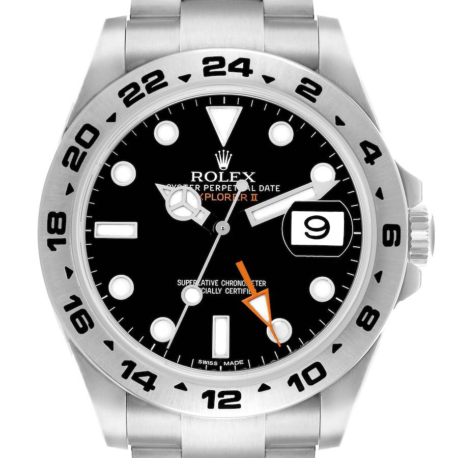 The Rolex Explorer 216570 Men's Stainless Steel Black Dial II watch is shown front-facing with a focus on the dial, bezel, and date window.