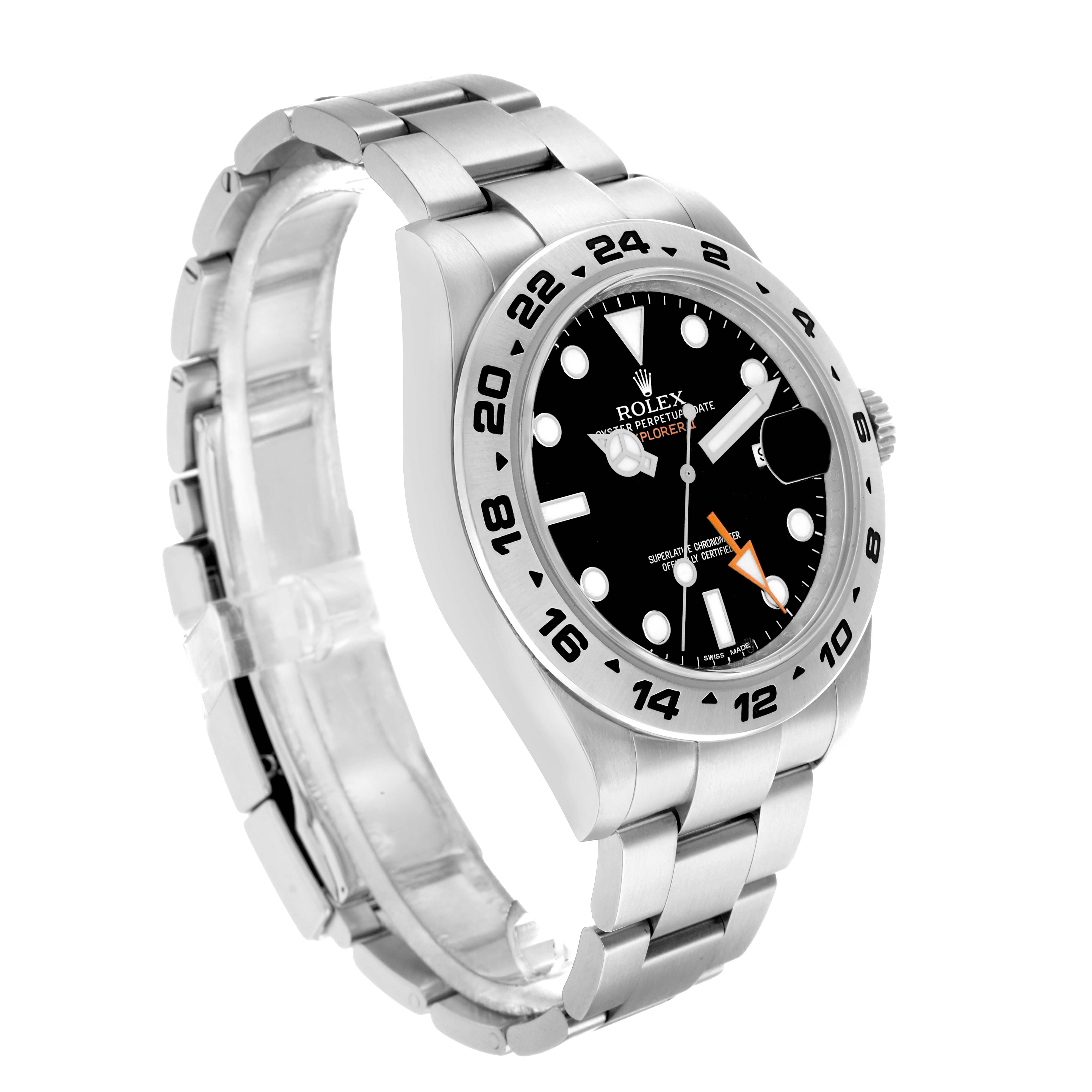 The Rolex Explorer 216570 Men
s Stainless Steel Black Dial watch is shown at a three-quarter angle, highlighting the bezel, face, and bracelet.