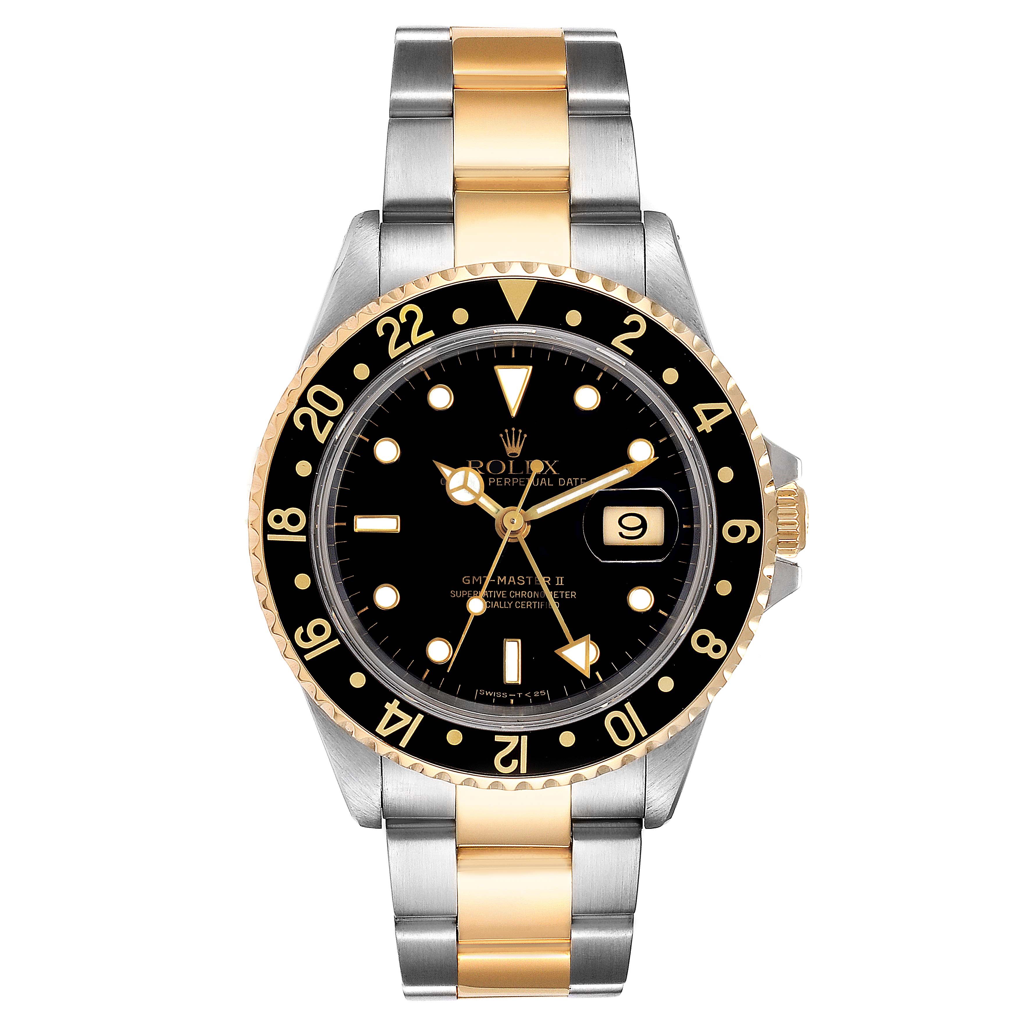 The image shows a frontal view of a Rolex GMT-Master 16713 Men's Steel and Gold (two tone) Black Dial 16713 Men's Steel and Gold (two tone) Black Dial II watch, highlighting the dial, bezel, and two-tone bracelet.