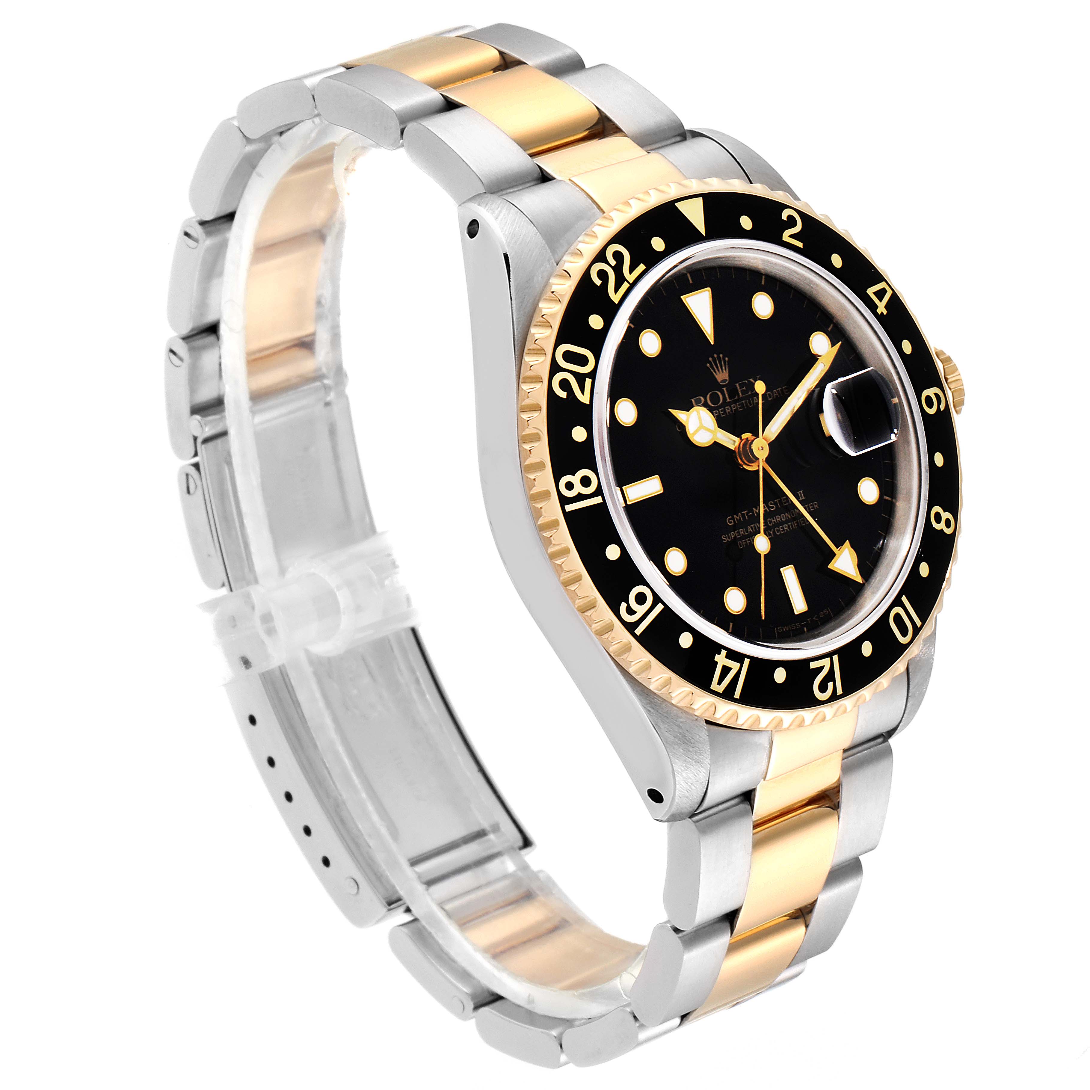 The image shows a Rolex GMT-Master 16713 Men's Steel and Gold (two tone) Black Dial 16713 Men's Steel and Gold (two tone) Black Dial watch from an angled side view, highlighting the dial, bezel, and two-tone bracelet.