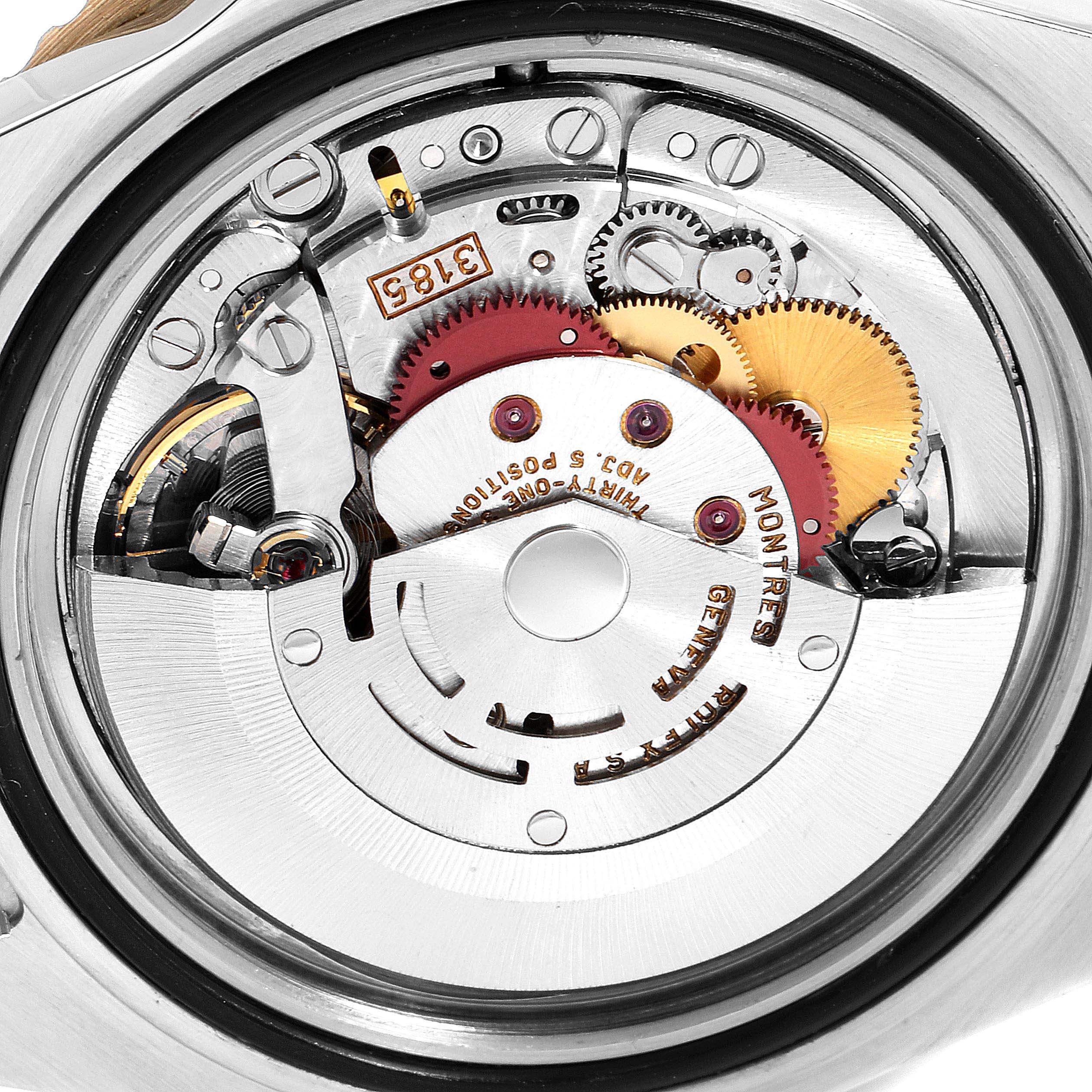 The image shows the inner mechanical movement of a Rolex GMT-Master 16713 Men's Steel and Gold (two tone) Black Dial 16713 Men's Steel and Gold (two tone) Black Dial watch from a close-up, rear angle.