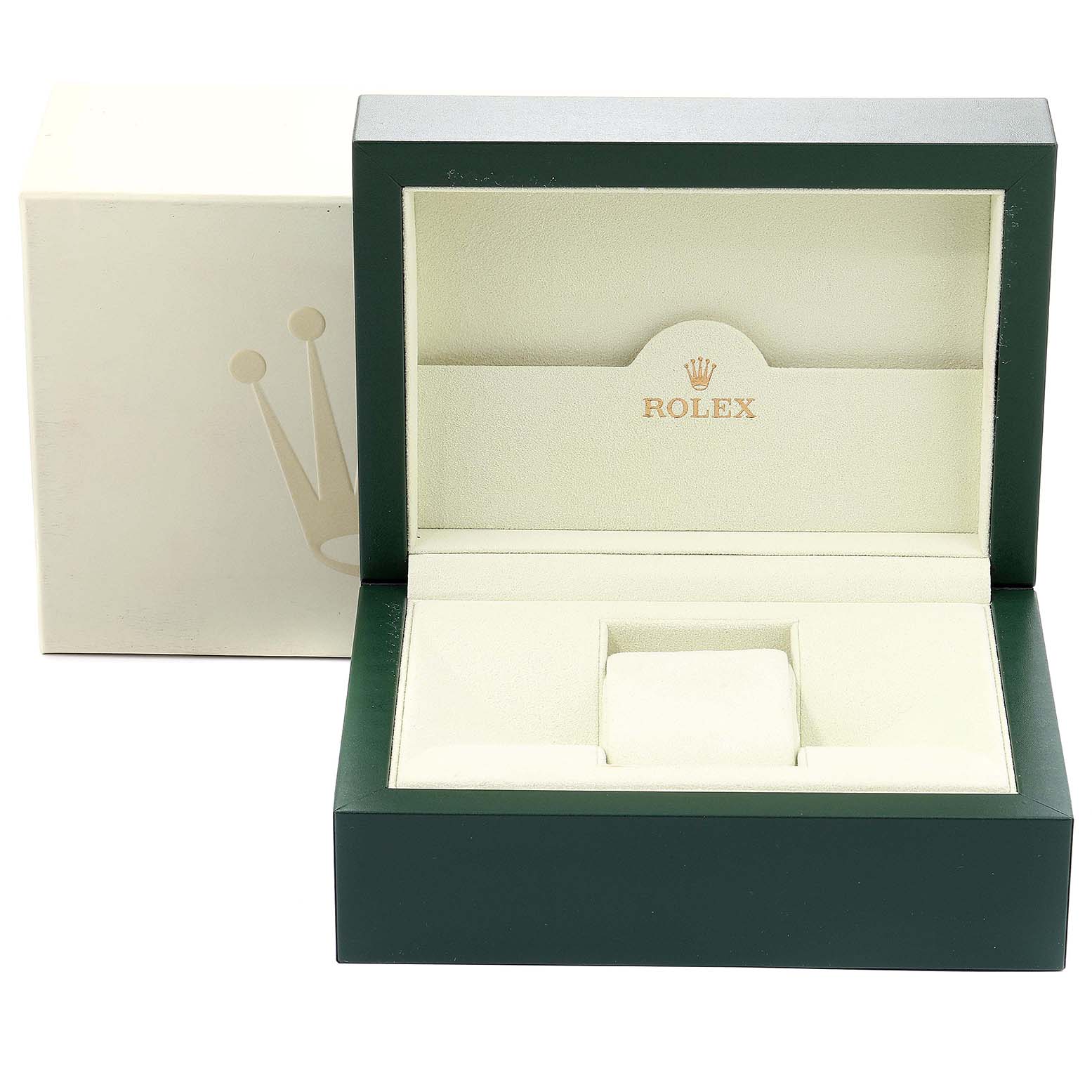 This image shows the open presentation box for a Rolex GMT-Master 16713 Men's Steel and Gold (two tone) Black Dial 16713 Men's Steel and Gold (two tone) Black Dial watch, angled from the front.