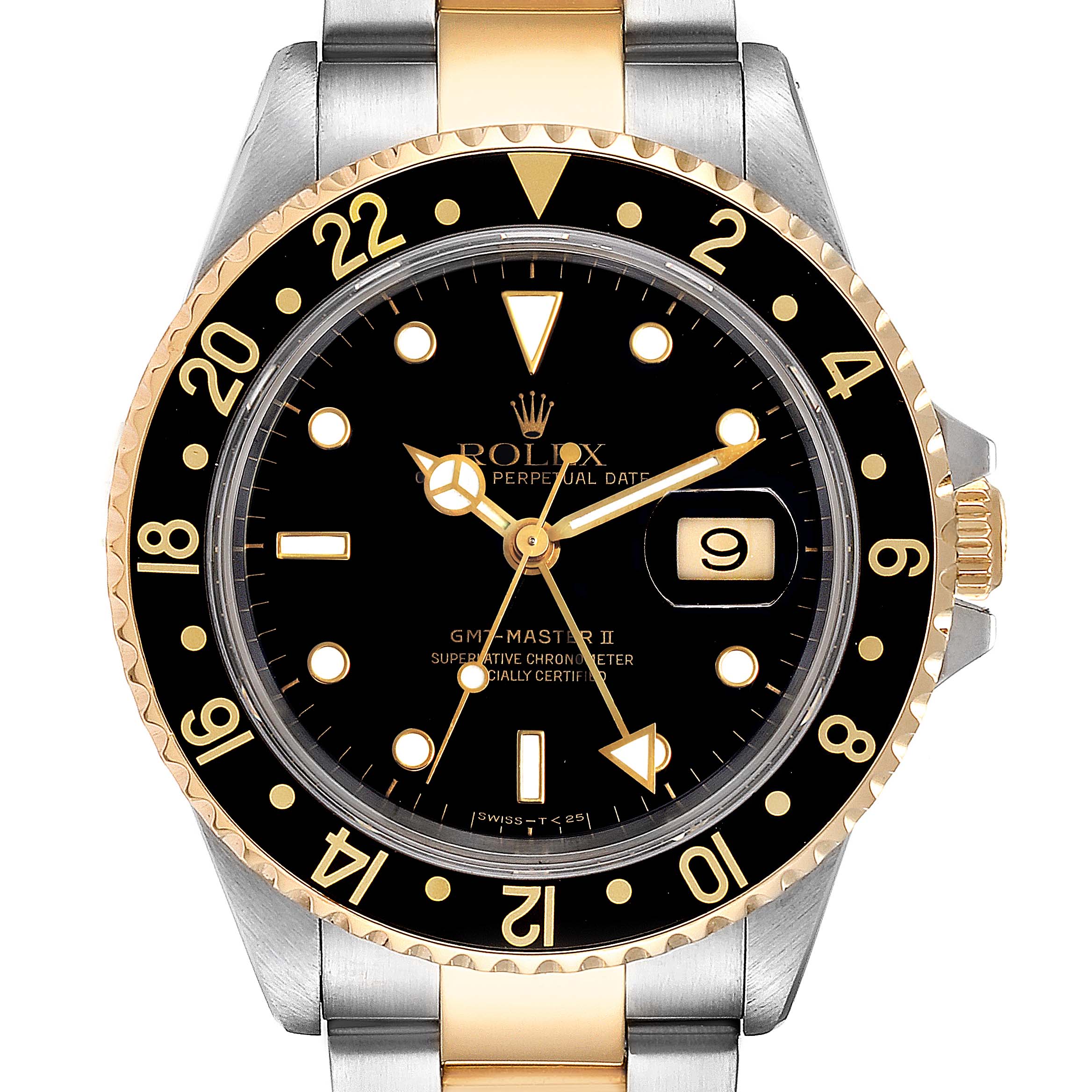The image shows the face and bezel of a Rolex GMT-Master 16713 Men's Steel and Gold (two tone) Black Dial 16713 Men's Steel and Gold (two tone) Black Dial II watch, highlighting its black dial, gold and silver elements, and date display.