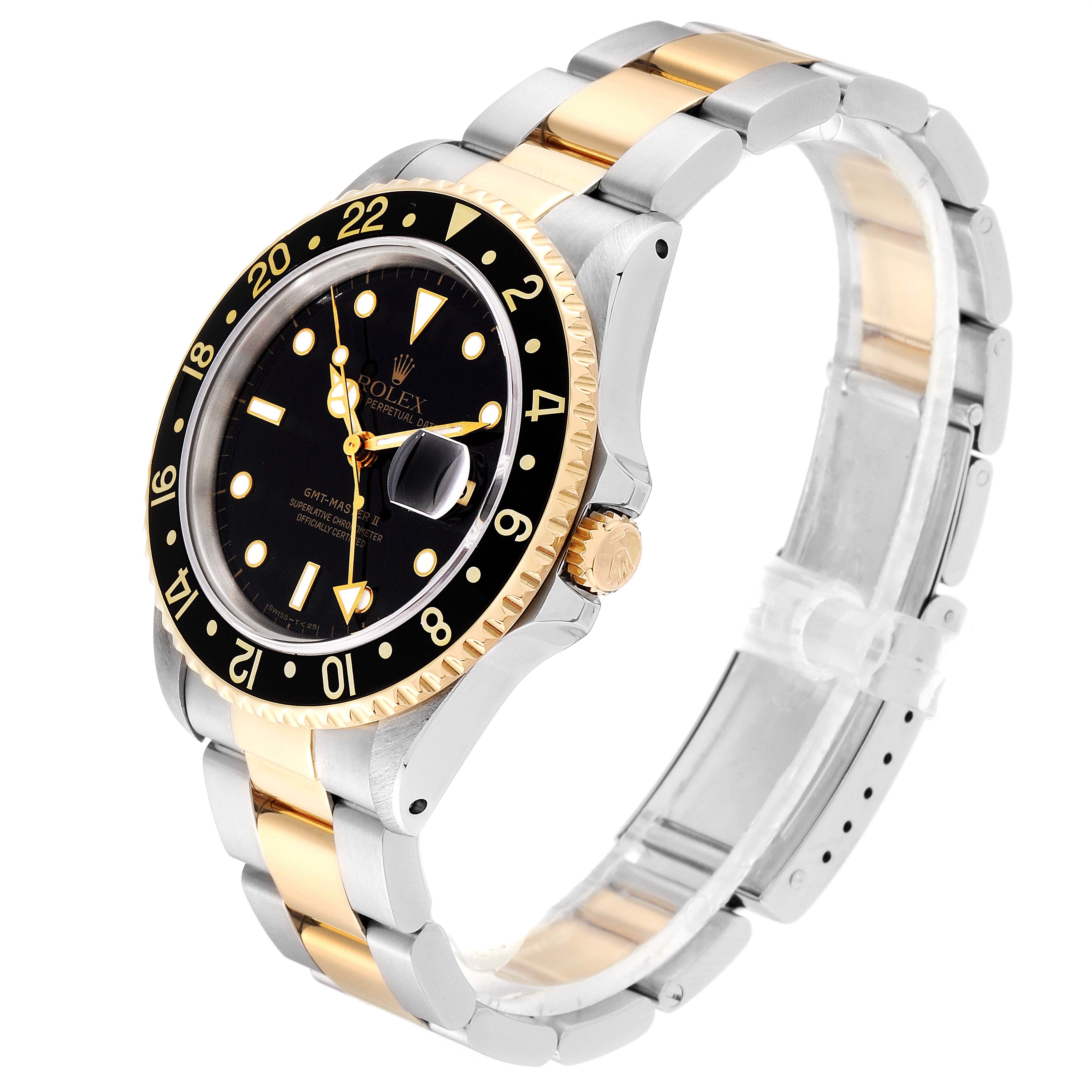 The image shows a side angle view of the Rolex GMT-Master 16713 Men's Steel and Gold (two tone) Black Dial 16713 Men's Steel and Gold (two tone) Black Dial watch, highlighting its black bezel, black dial, and two-tone bracelet.