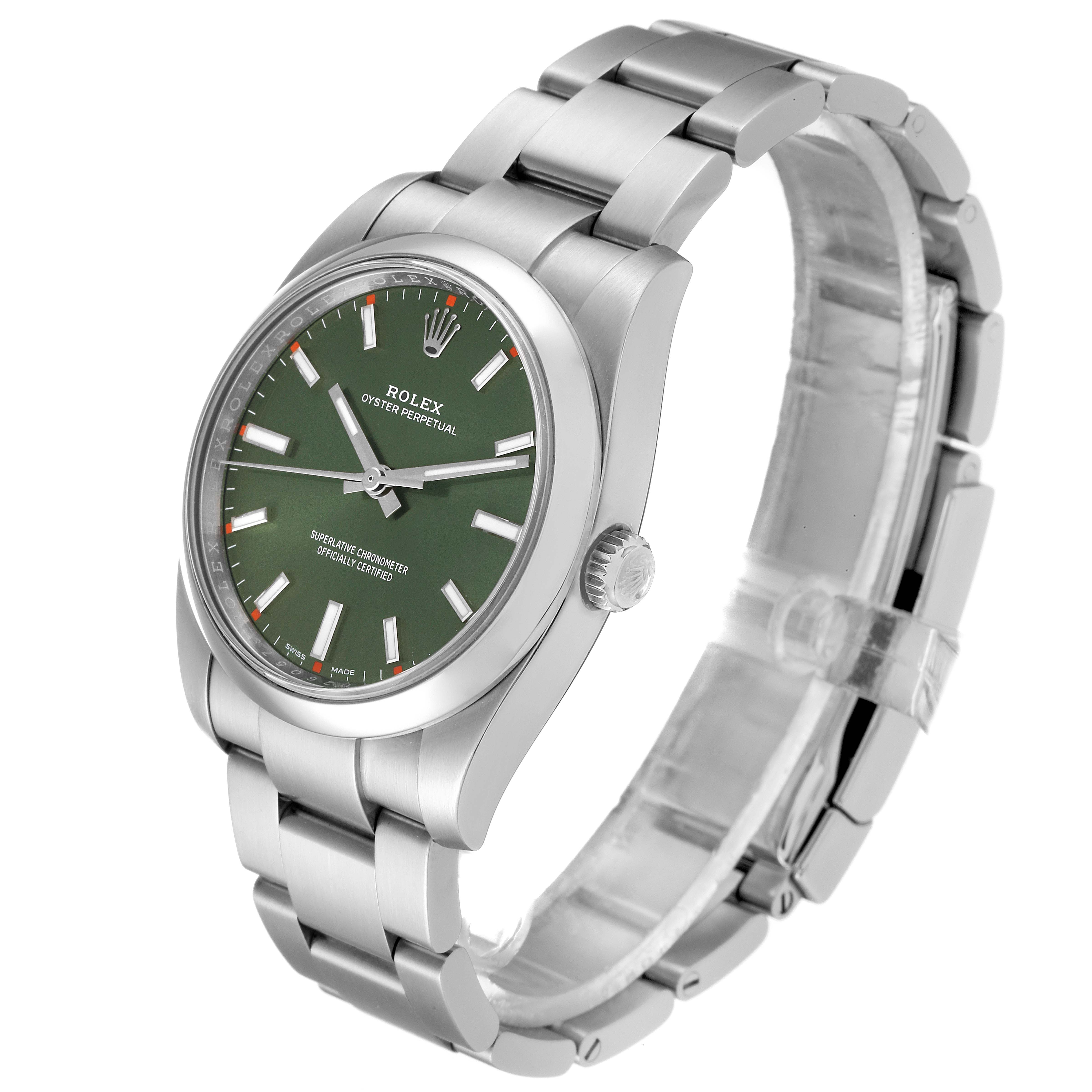 The Rolex Oyster Perpetual 114200 Men's Stainless Steel Green Dial 114200 Men's Stainless Steel Green Dial watch is shown at a three-quarter angle, displaying the dial, bezel, crown, and bracelet.