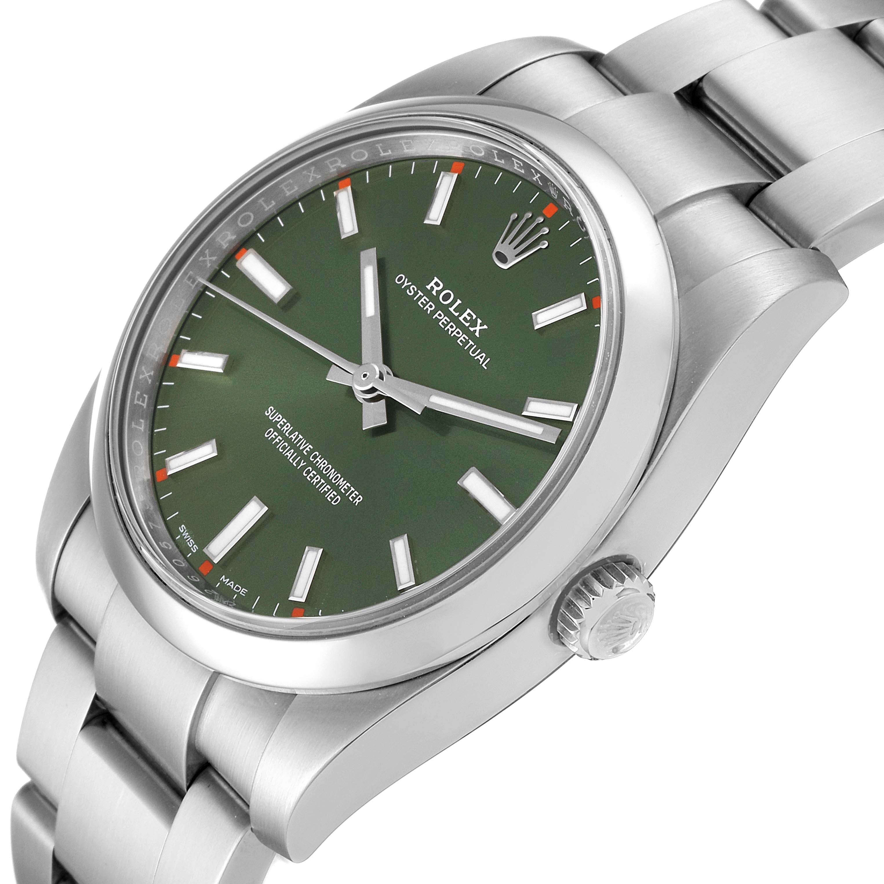 The image shows the Rolex Oyster Perpetual 114200 Men's Stainless Steel Green Dial 114200 Men's Stainless Steel Green Dial watch from a front angle, highlighting the dial, crown, and part of the bracelet.