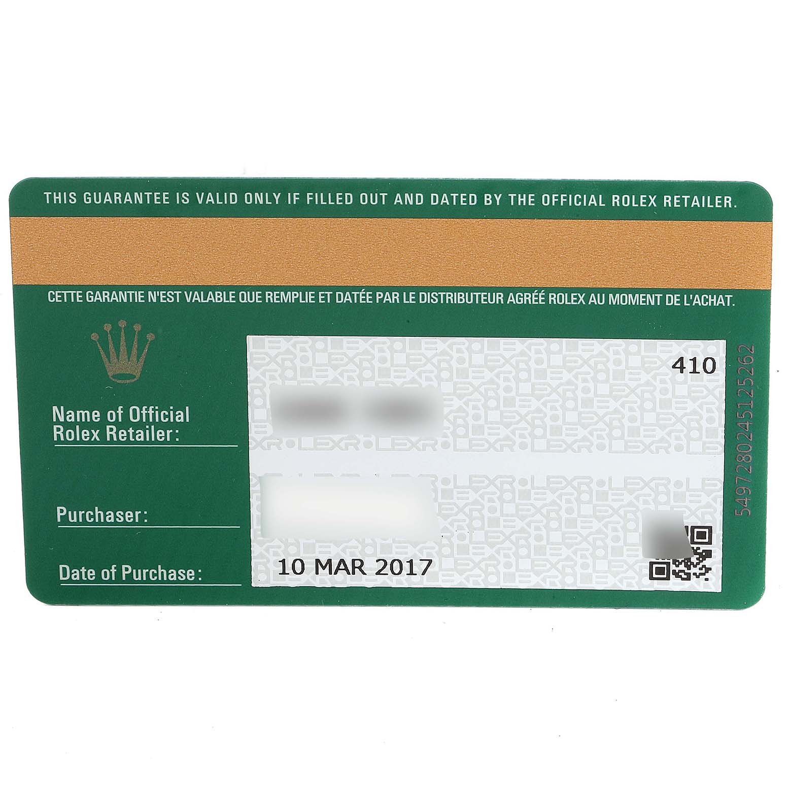 The image shows a Rolex Oyster Perpetual 114200 Men's Stainless Steel Green Dial 114200 Men's Stainless Steel Green Dial warranty card with purchase date and retailer information.