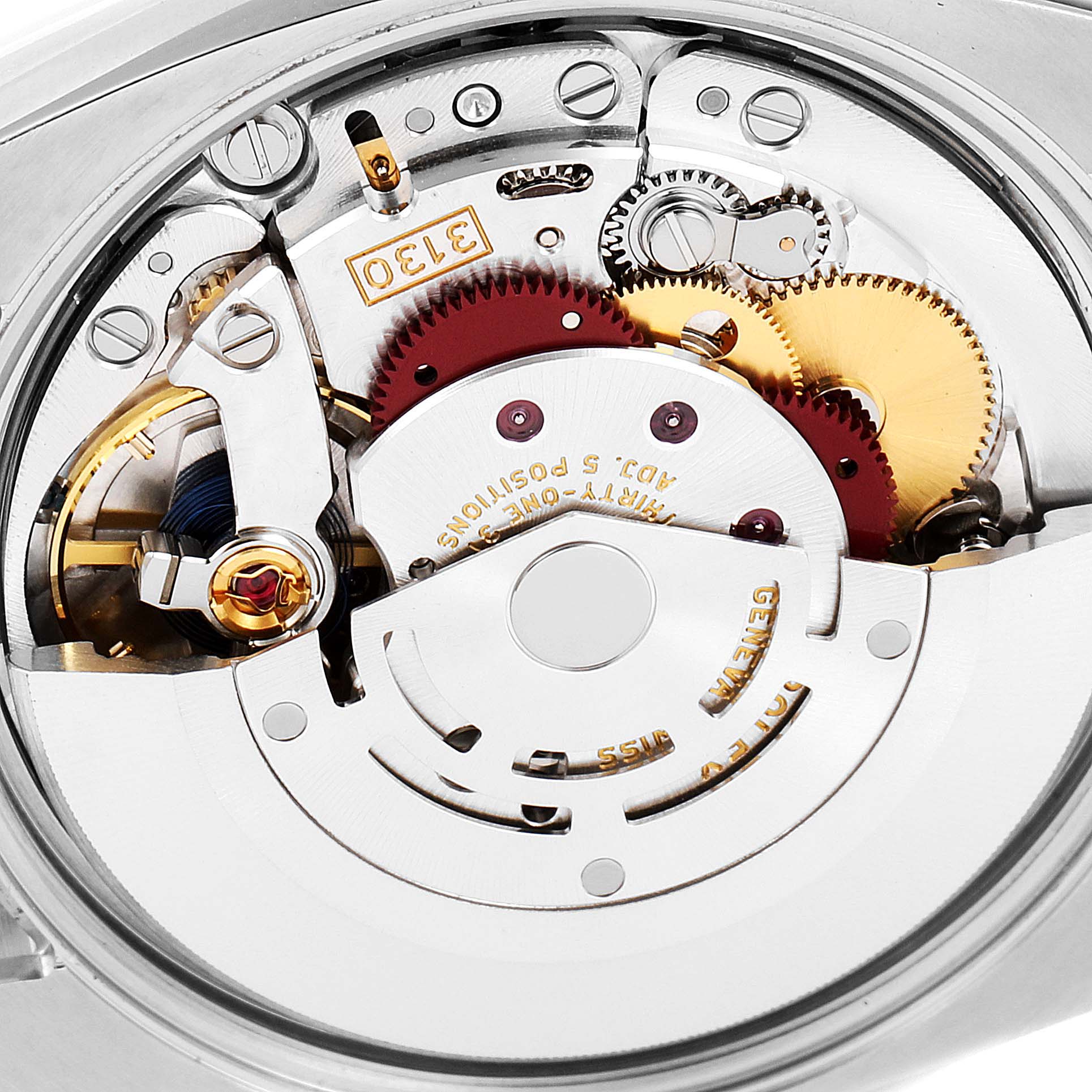 This image shows the internal movement mechanism of a Rolex Oyster Perpetual 114200 Men's Stainless Steel Green Dial 114200 Men's Stainless Steel Green Dial model in close-up detail.