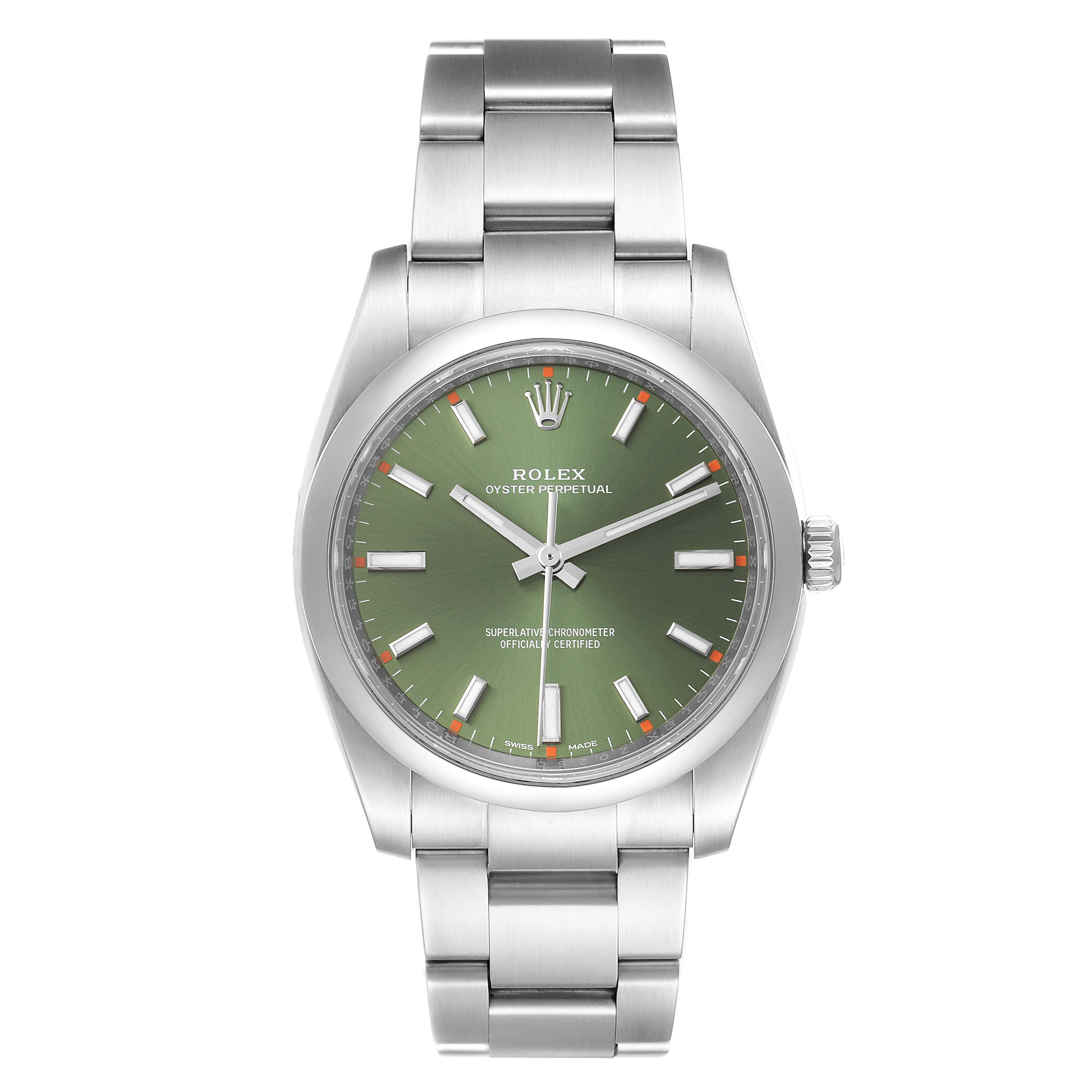 The image shows a front view of the Rolex Oyster Perpetual 114200 Men's Stainless Steel Green Dial 114200 Men's Stainless Steel Green Dial watch, highlighting its green dial and stainless steel bracelet.