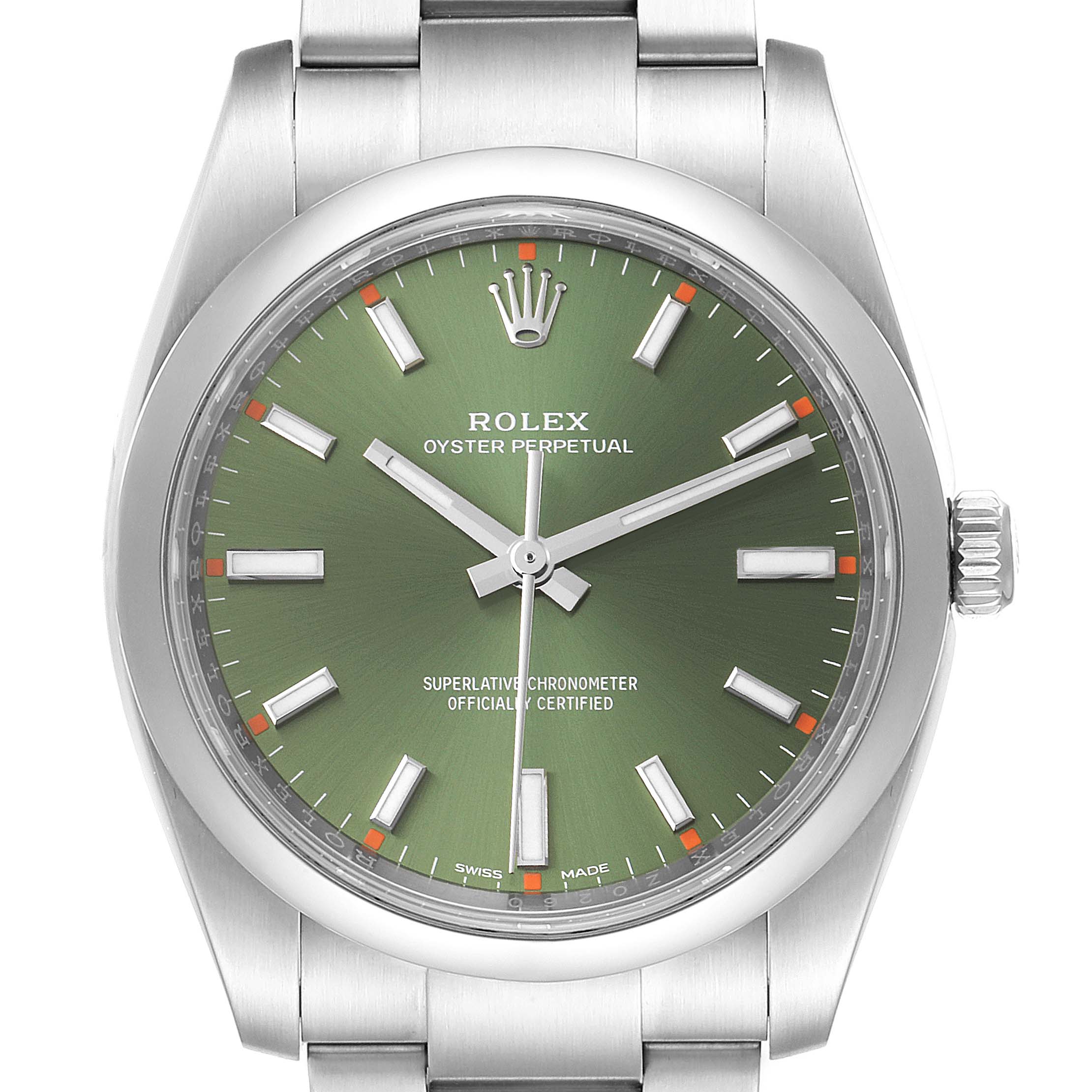 This image shows a front view of the Rolex Oyster Perpetual 114200 Men's Stainless Steel Green Dial 114200 Men's Stainless Steel Green Dial watch, featuring its green dial, markers, hands, and part of its stainless steel bracelet.