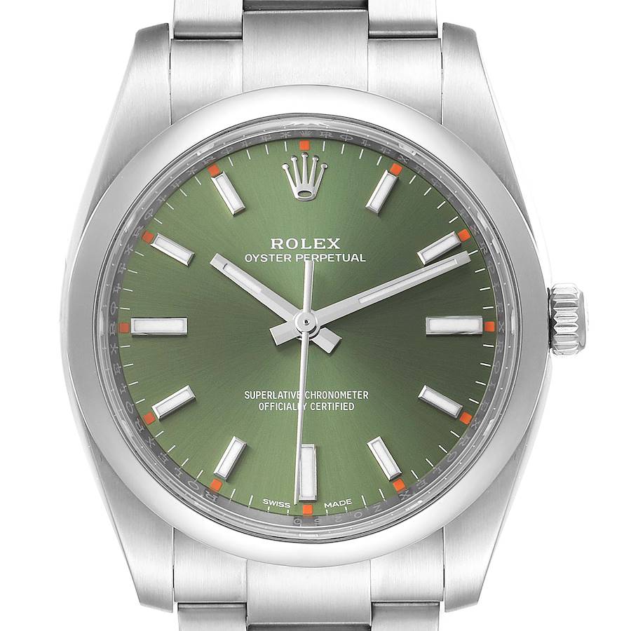 Rolex Oyster Perpetual 34mm Olive Green Dial Steel Watch 114200 Box Card SwissWatchExpo