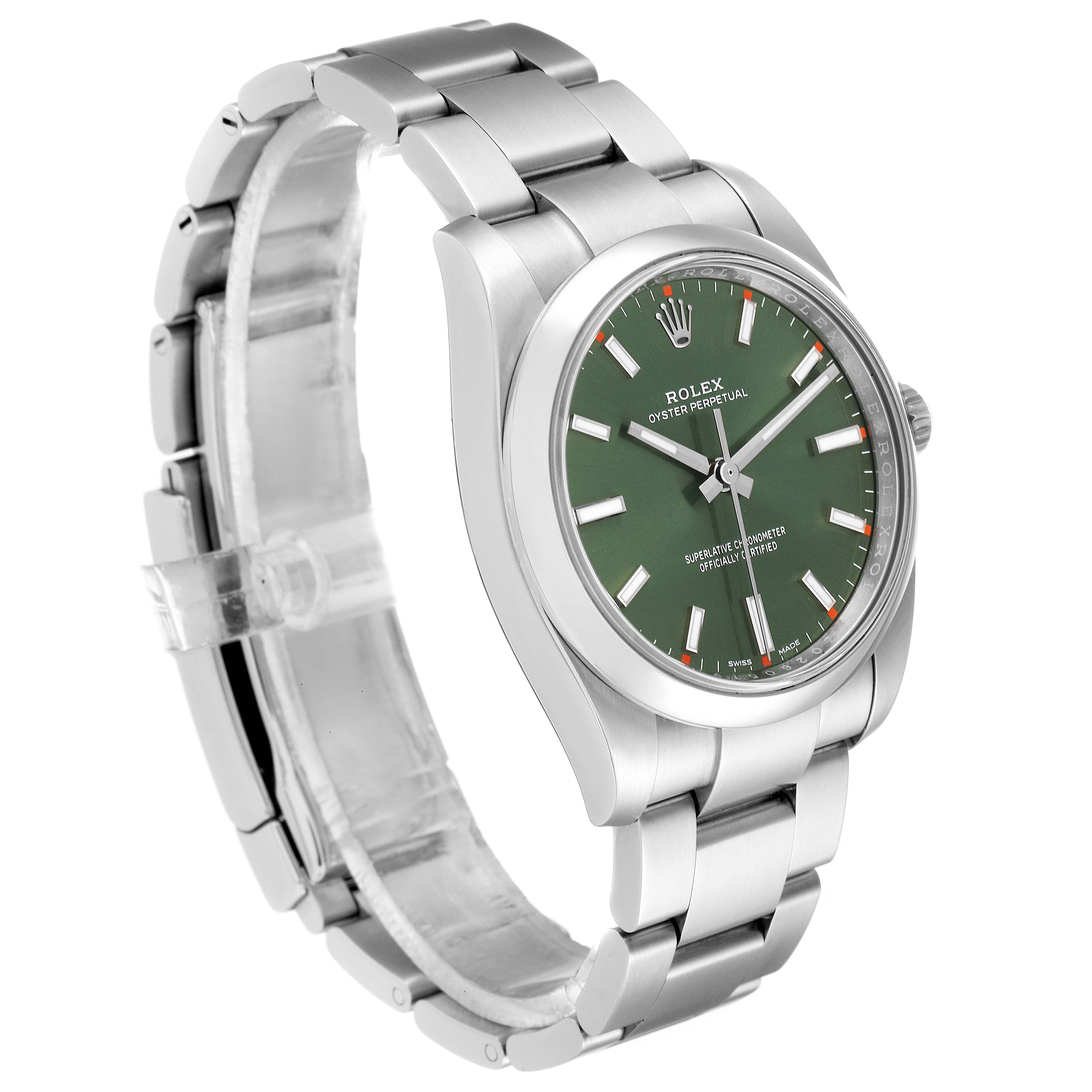 The image shows a Rolex Oyster Perpetual 114200 Men's Stainless Steel Green Dial 114200 Men's Stainless Steel Green Dial watch at an angled side view, highlighting its green dial and stainless steel bracelet.