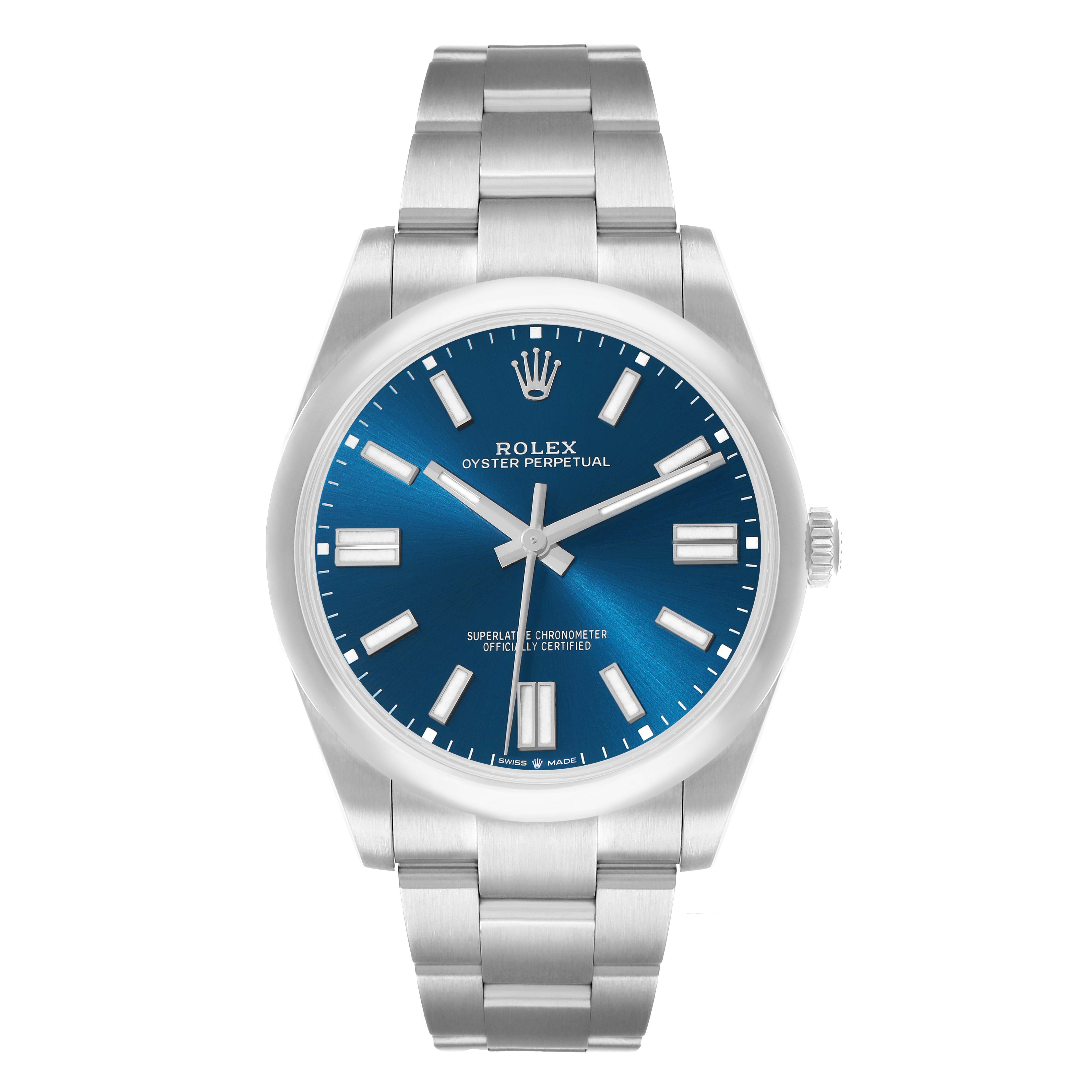 The Rolex Oyster Perpetual 124300 Men
s Stainless Steel Blue Dial watch is shown from the front, highlighting the blue dial, hour markers, hands, and bracelet.