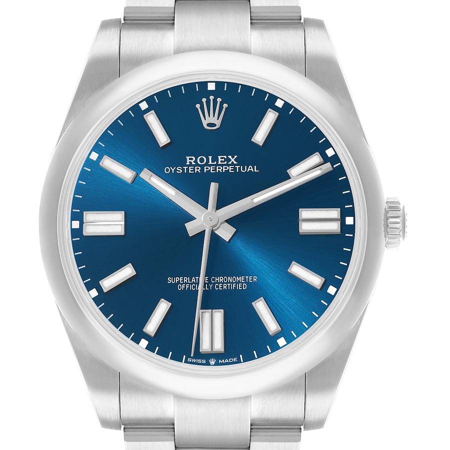 The Rolex Oyster Perpetual 124300 Men's Stainless Steel Blue Dial watch is shown from a front angle, highlighting its blue dial and silver hour markers.